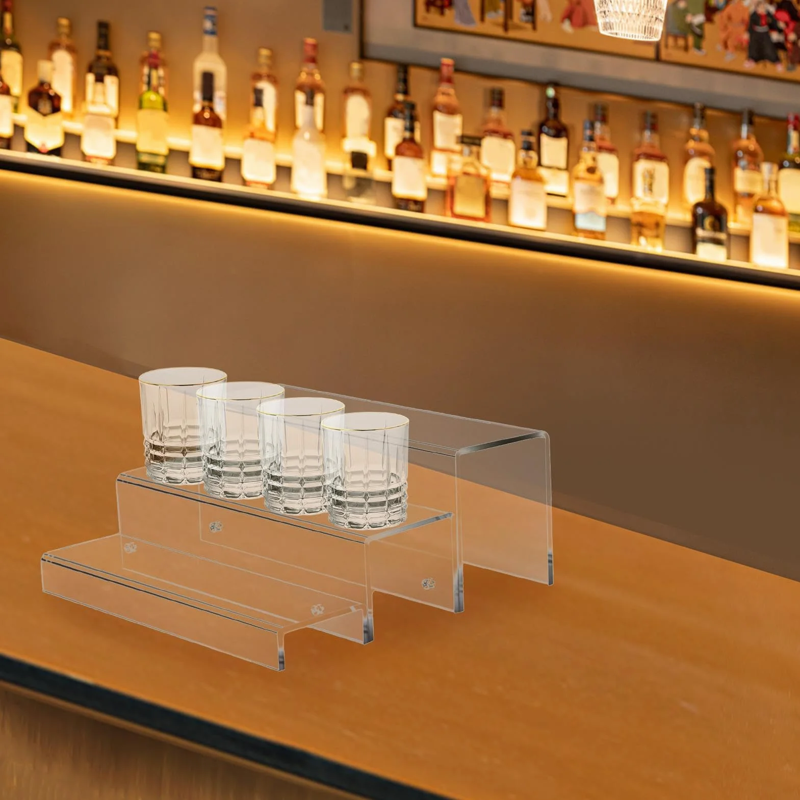 Expositor de botellas, éera alcohólica | elevadores acrílicos de 3 niveles para botellas, soporte de barra para organizador, estantes de almacenamiento encimera