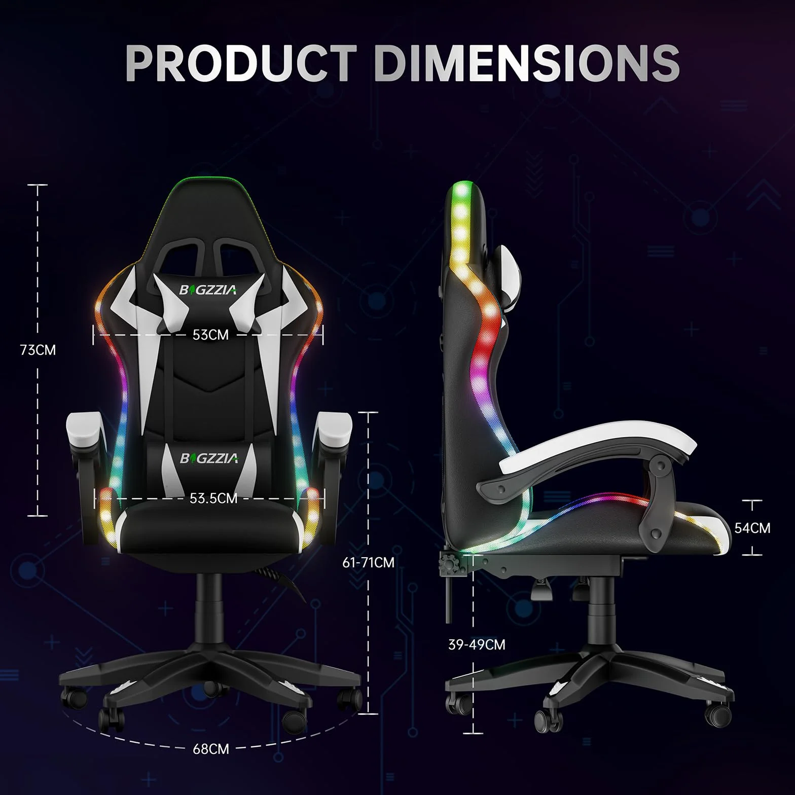 Silla de juegos con luces LED, silla reclinable ergonómica con luces RGB, reposacabezas ajustable y soporte lumbar, silla de oficina de piel sintética para computadora, altura e inclinación