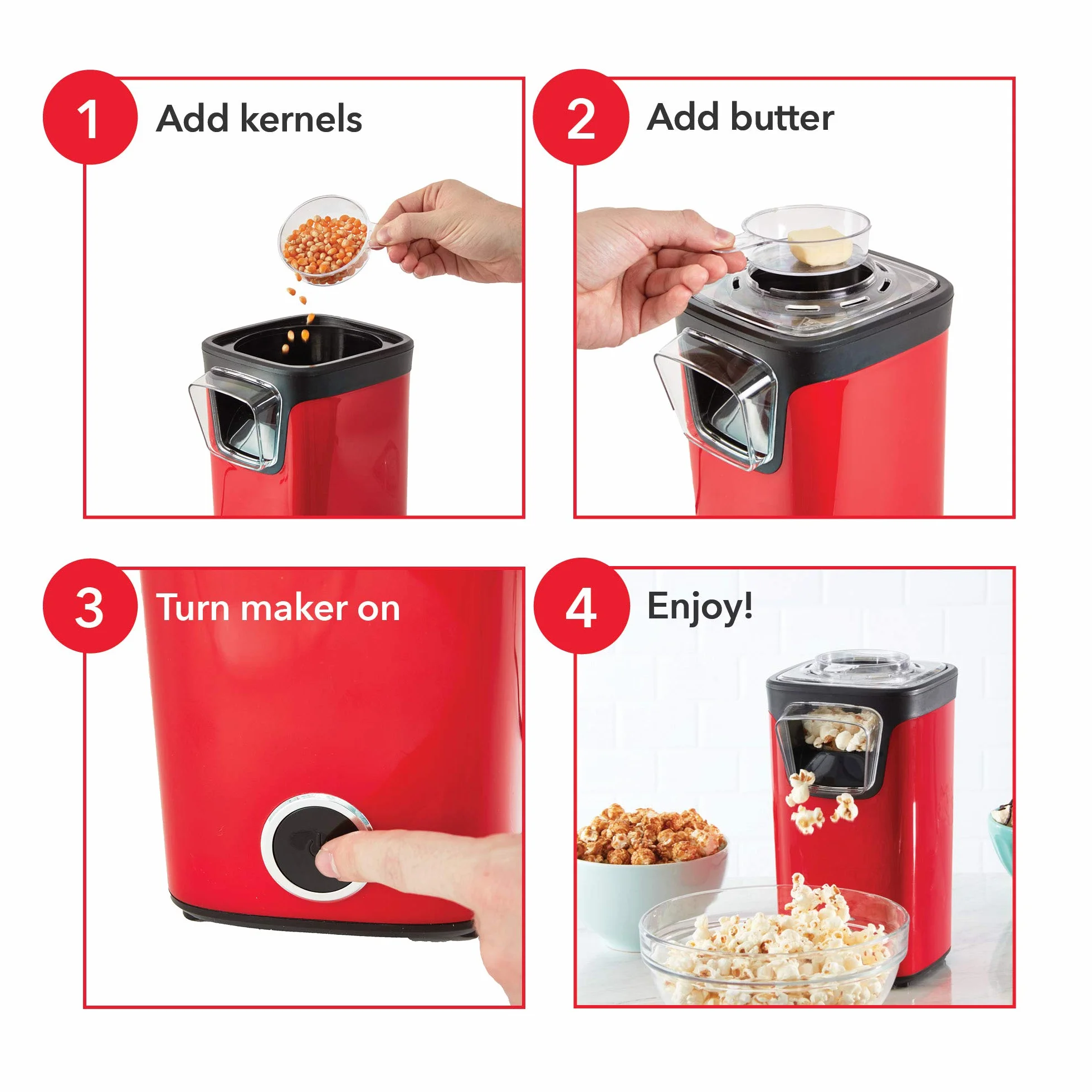 DASH Turbo POP - Máquina de palomitas de maíz con taza medidora a porción + mantequilla derretida, máquina de palomitas de maíz de 8 tazas, color blanco