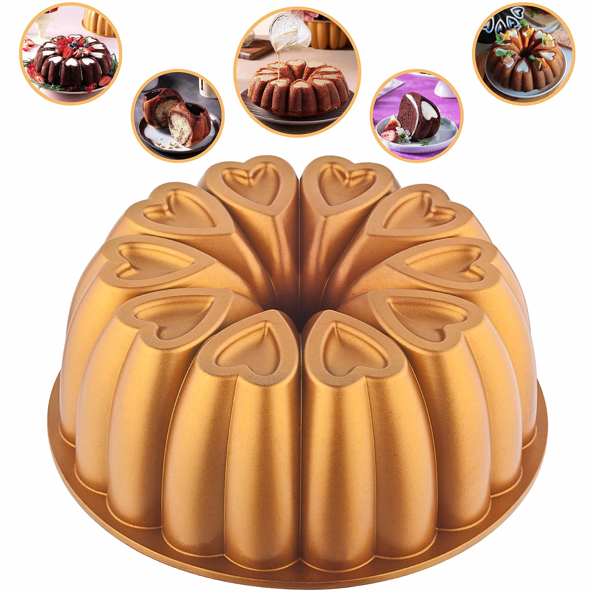 Molde para tartas antiadherente, forma de corazón, molde para hornear de 10 pulgadas, molde de tubo estriado de aluminio fundido, fácil de limpiar, resistente, revestimiento de titanio (dorado)