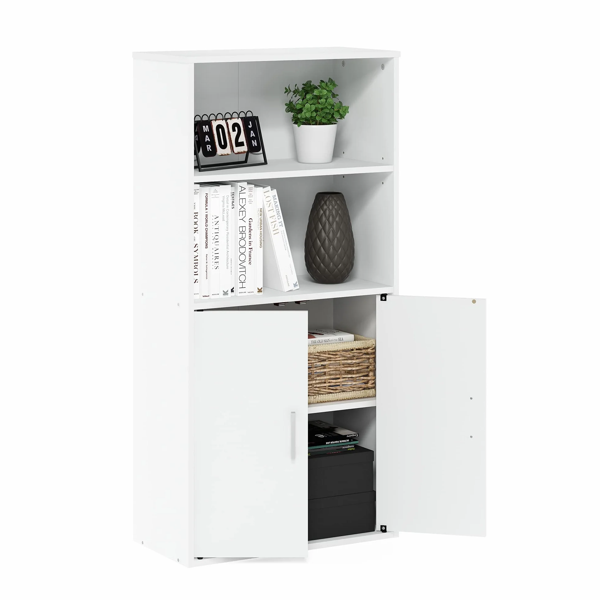 Furinno Pasir Armario de Almacenamiento con 2 estantes Abiertos y 2 Puertas, Madera de ingeniería, White, 59.9(W) x 121.4(H) x 30(D) cm