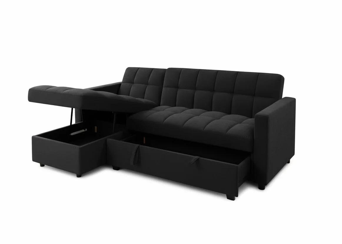 Sofá Cama Chaise Longue 3 Plazas Kris 210 x 145 cm, Cheslong Reversible con Arcón y Almacenamiento, Sistema de Arrastre, Tapizado Terciopelo Negro, Armazón Pino Macizo, Salón