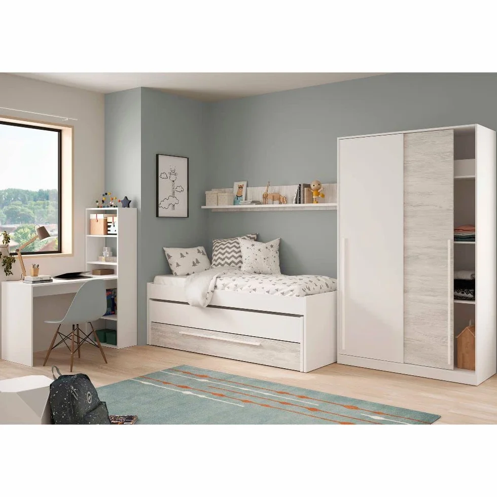 Mobelcenter, Cama Nido Juvenil Elliot 2 Camas 1 Cajón 1 Estante, Cama Doble Juvenil con 2 Camas 1 Cajón, Color Blanco Artik y Blanco Velho, Medidas: Ancho: 199 cm x Fondo: 96 cm x Alto: 65 cm (1383)