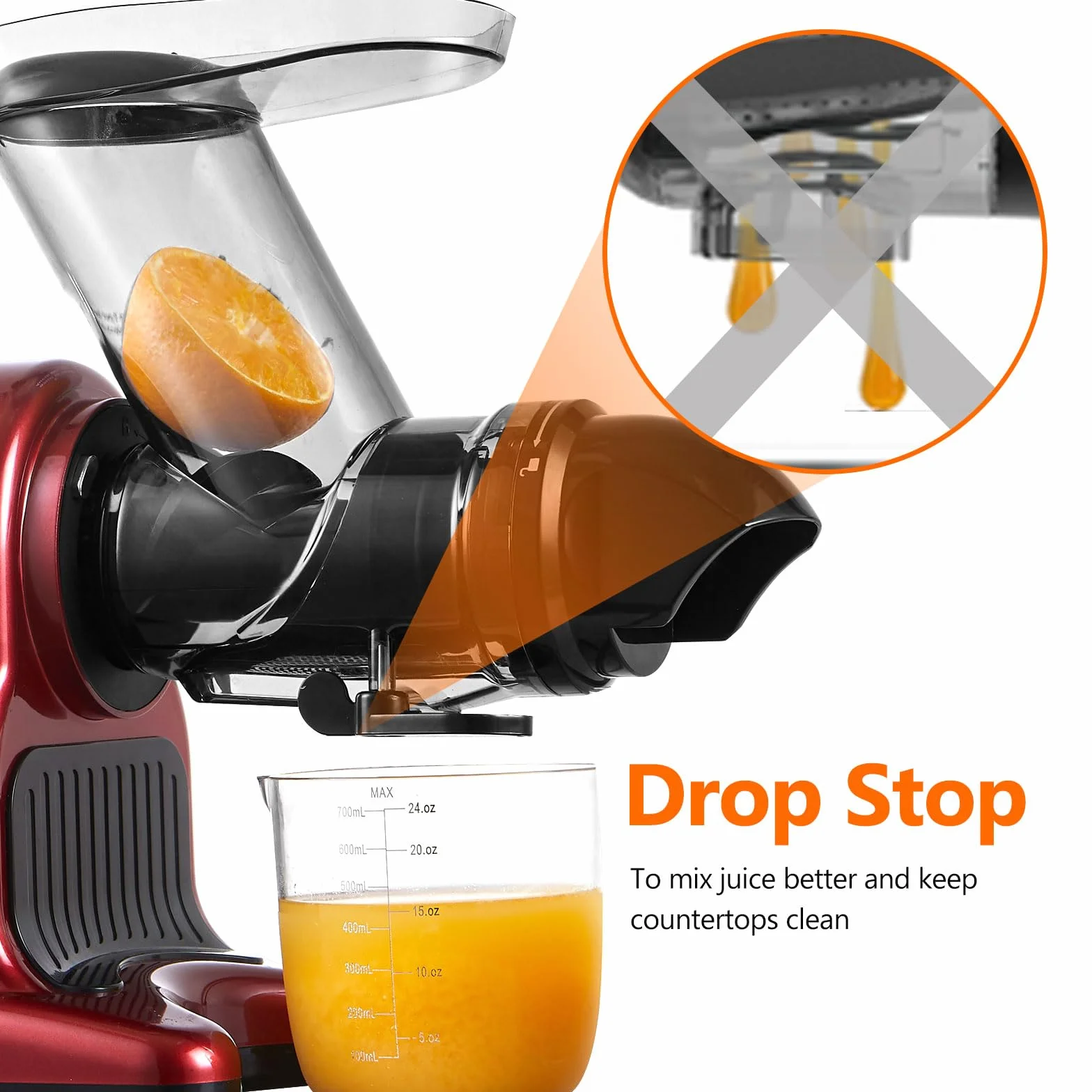 AMZCHEF 80MM Exprimidor grande - exprimidor lento con 2 velocidades y función de rebobinado - Exprimidor de 150 W para verduras y frutas enteras Test Winner -Rojo