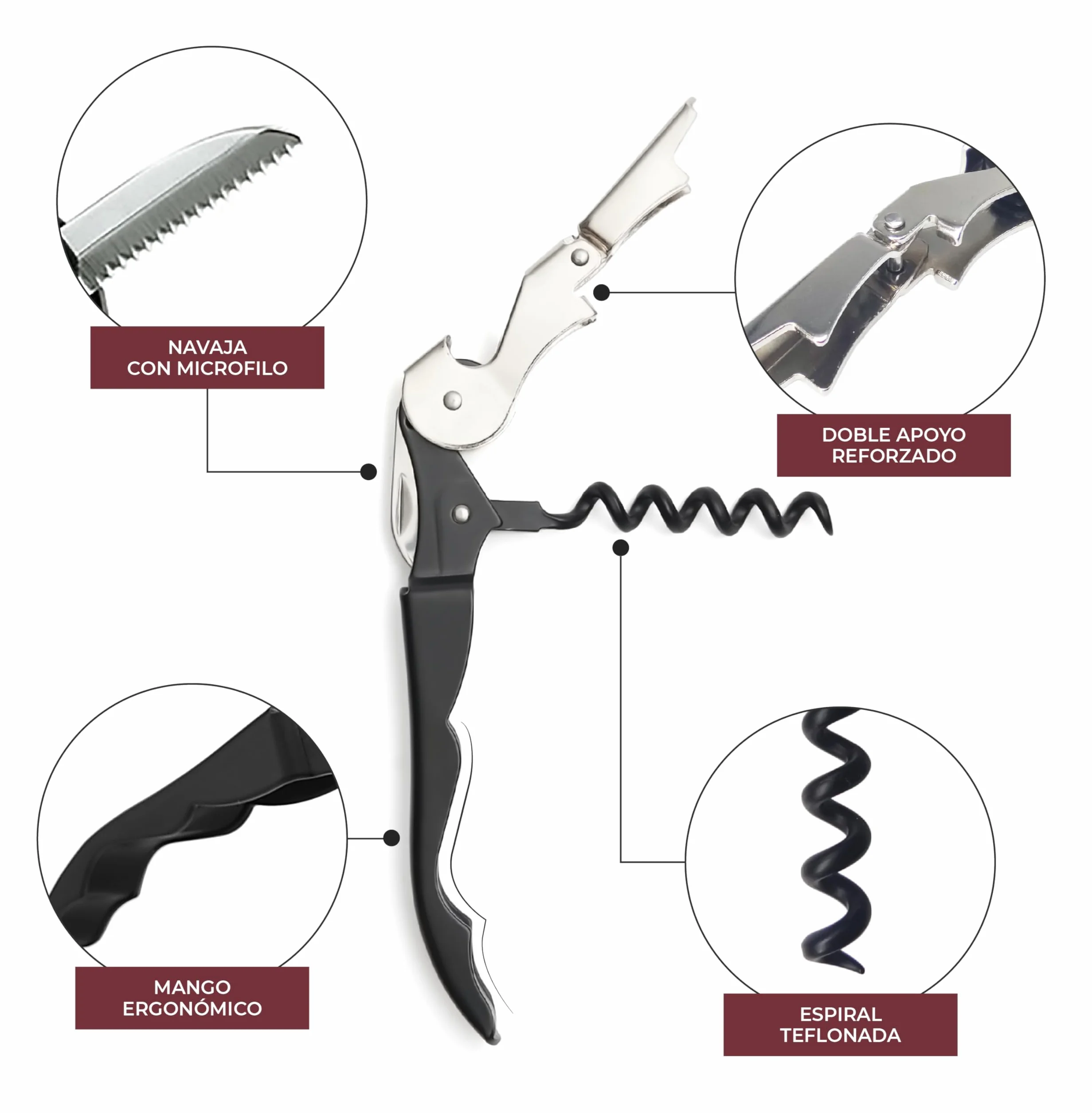 Sacacorchos CAMARERO profesional acero inoxidable con abrebotellas doble apoyo articulado espiral teflonada Negro