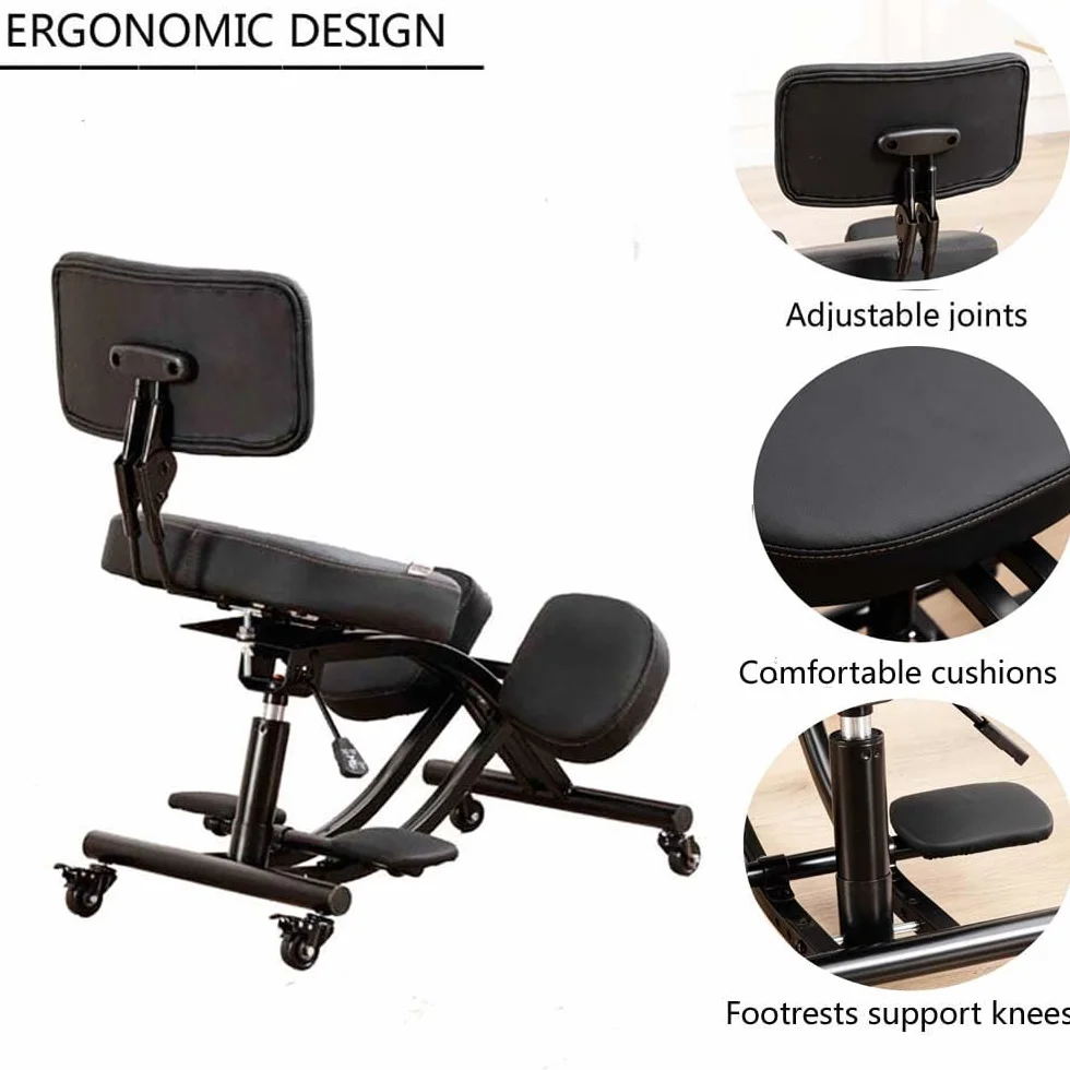 Silla de equilibrio con respaldo, silla de rodilla con ruedas, mejora de la postura del asiento con altura y ángulo ajustables, YDM-1458-2DF