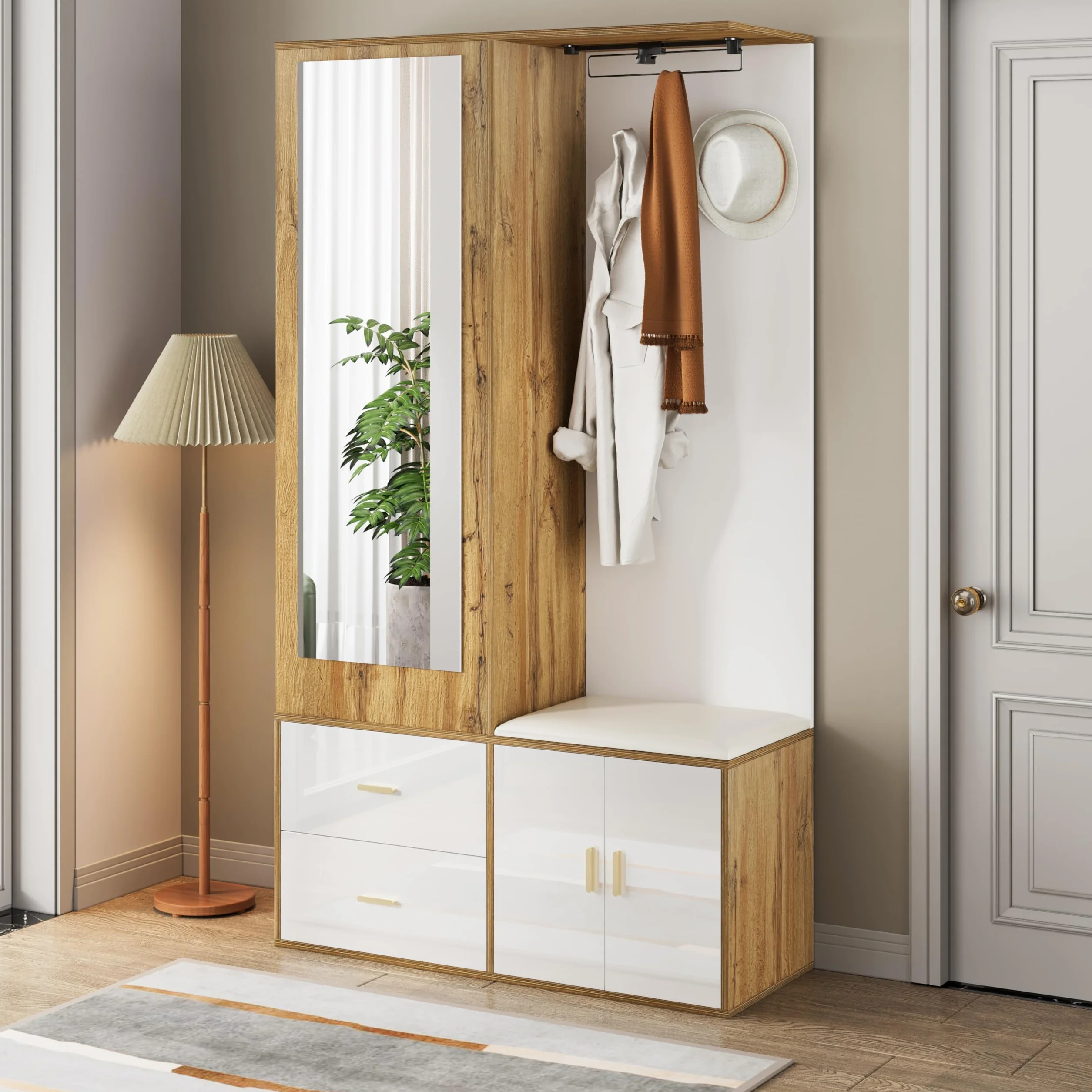 Elegante juego de perchero en colores blanco y madera con espejo, zapatero, zapatero con gancho y barra extensible (color blanco y madera)
