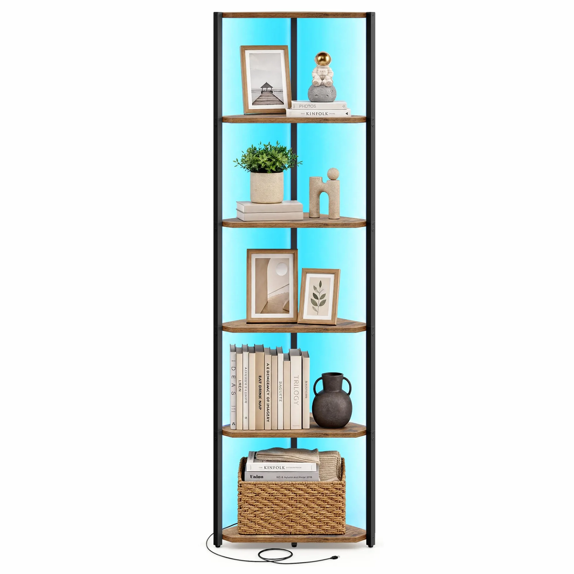 VASAGLE Estanteria Esquinera de 6 Niveles, Librería con Iluminación LED Ajustable, Estantería con Marco de Acero, 24,8 x 48 x 182,1 cm, para Salón, Dormitorio, Estudio, Marrón Rústico LBC591KD01