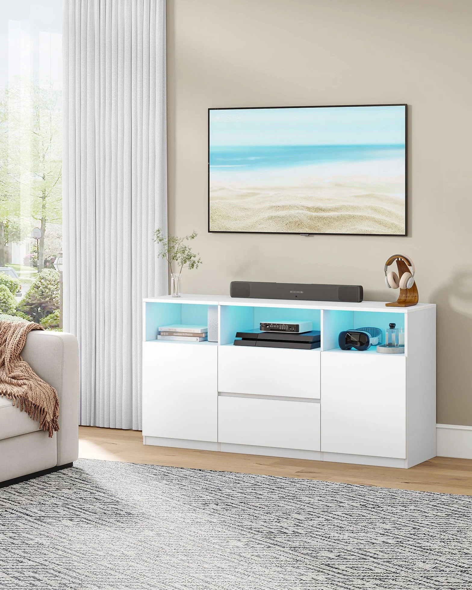 Hzuaneri Mueble de TV, Mesa de TV de hasta 65 Pulgadas, con Luces LED, 2 Cajones, 2 Gabinete y 3 Compartimentos, 147 x 40 x 76 cm, para Salón, Dormitorio, Blanco TV17003XEU