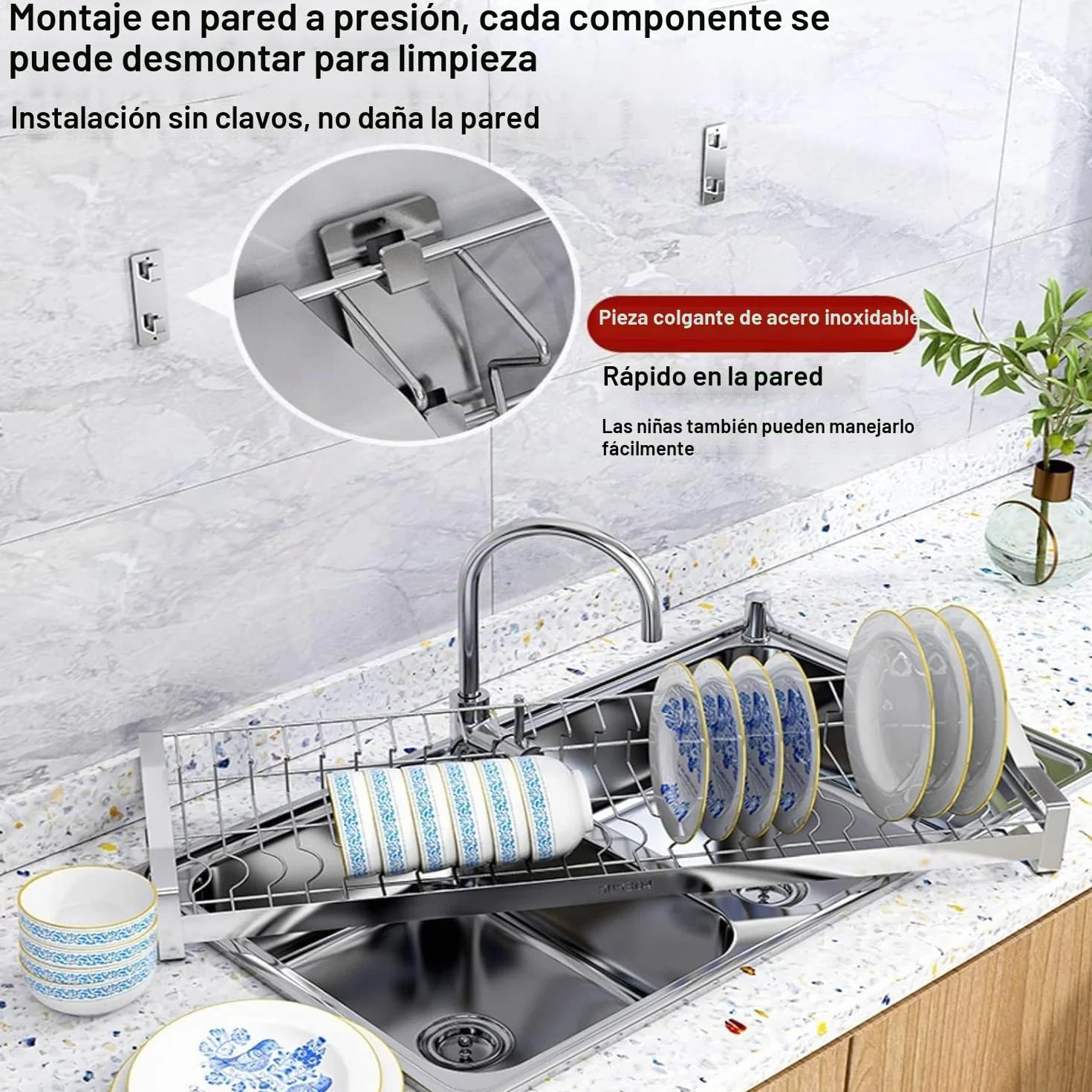 Escurreplatos Colgante, Escurreplatos De 2 Niveles sobre Fregadero Escurridor De Platos De Acero Inoxidable Montado En La Pared con Escurridor Y Jaula para Palillos Colgantes,60CM