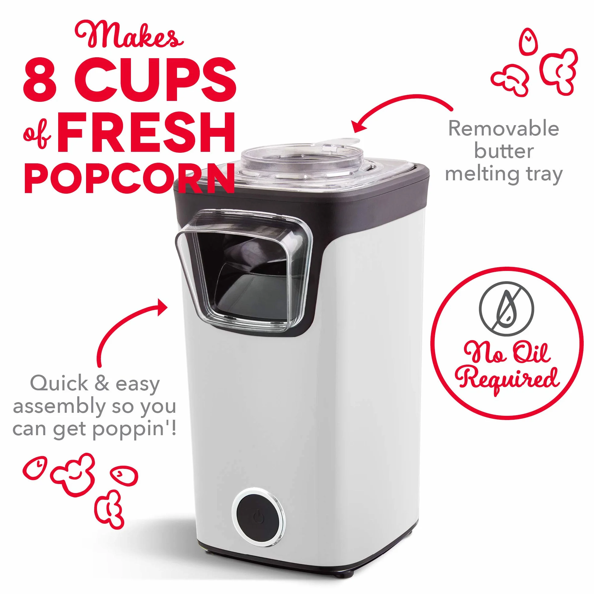 DASH Turbo POP - Máquina de palomitas de maíz con taza medidora a porción + mantequilla derretida, máquina de palomitas de maíz de 8 tazas, color blanco