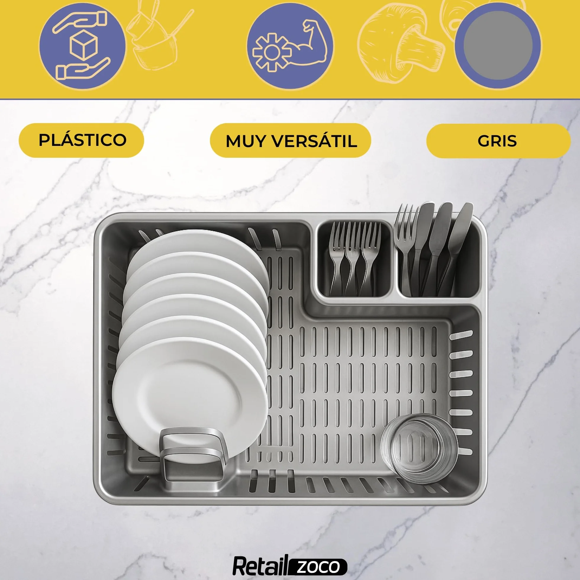 CHEFZOCO Escurreplato de plástico 45 cm de Ancho, Escurridor de Platos con Bandeja Anti-Goteo, Gris