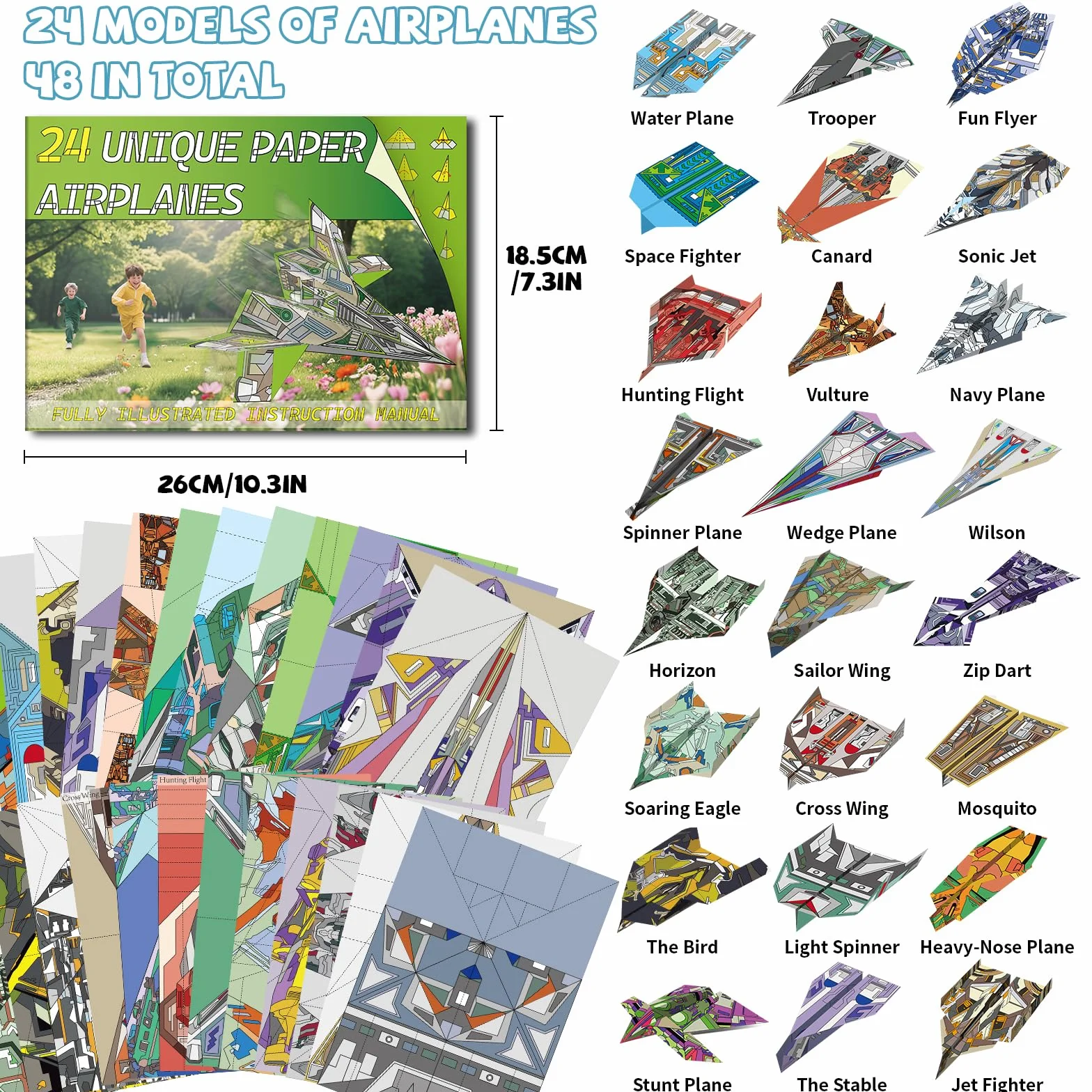 Elfew 48 Hojas Aviones Origami para Niños, Papel Origami Avion Juguete, Papiroflexia Manualidades