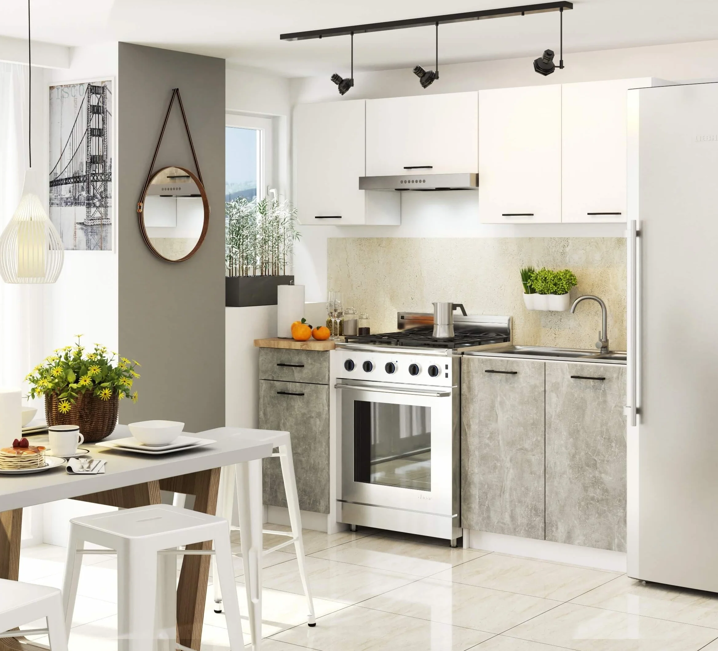 AKORD | Conjunto de Muebles de Cocina Oliwia | Completa Pequeña | Mueble Modular | A Medida 180 cm | Modulares Pequeñas | Blanco y Hormigón Frente