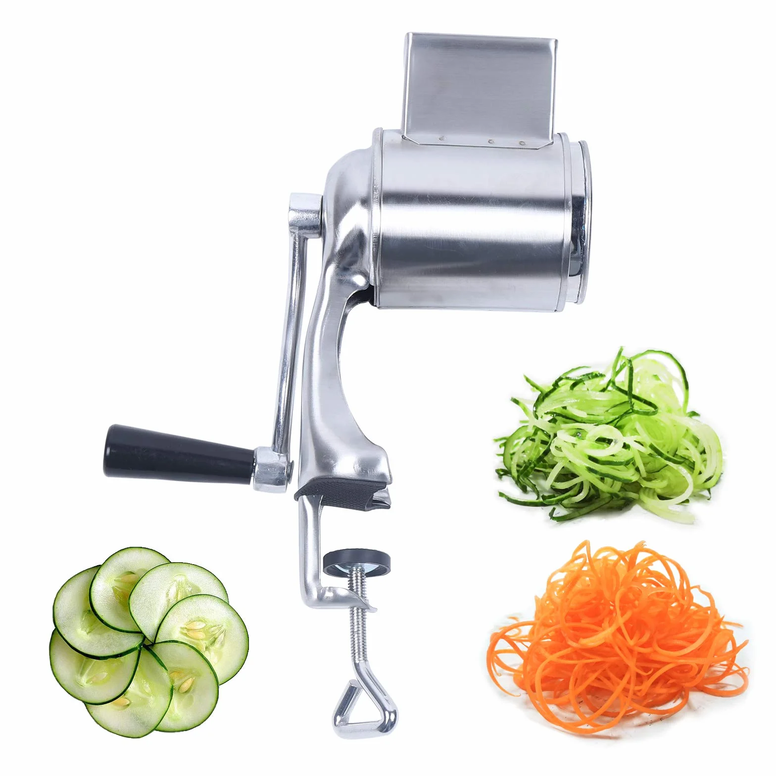 Rallador manual de patatas, manivela, rallador de tambor, de acero inoxidable, 5 tambores, cortador manual de verduras, para ensaladas, verduras, cebolla, zanahorias, plata