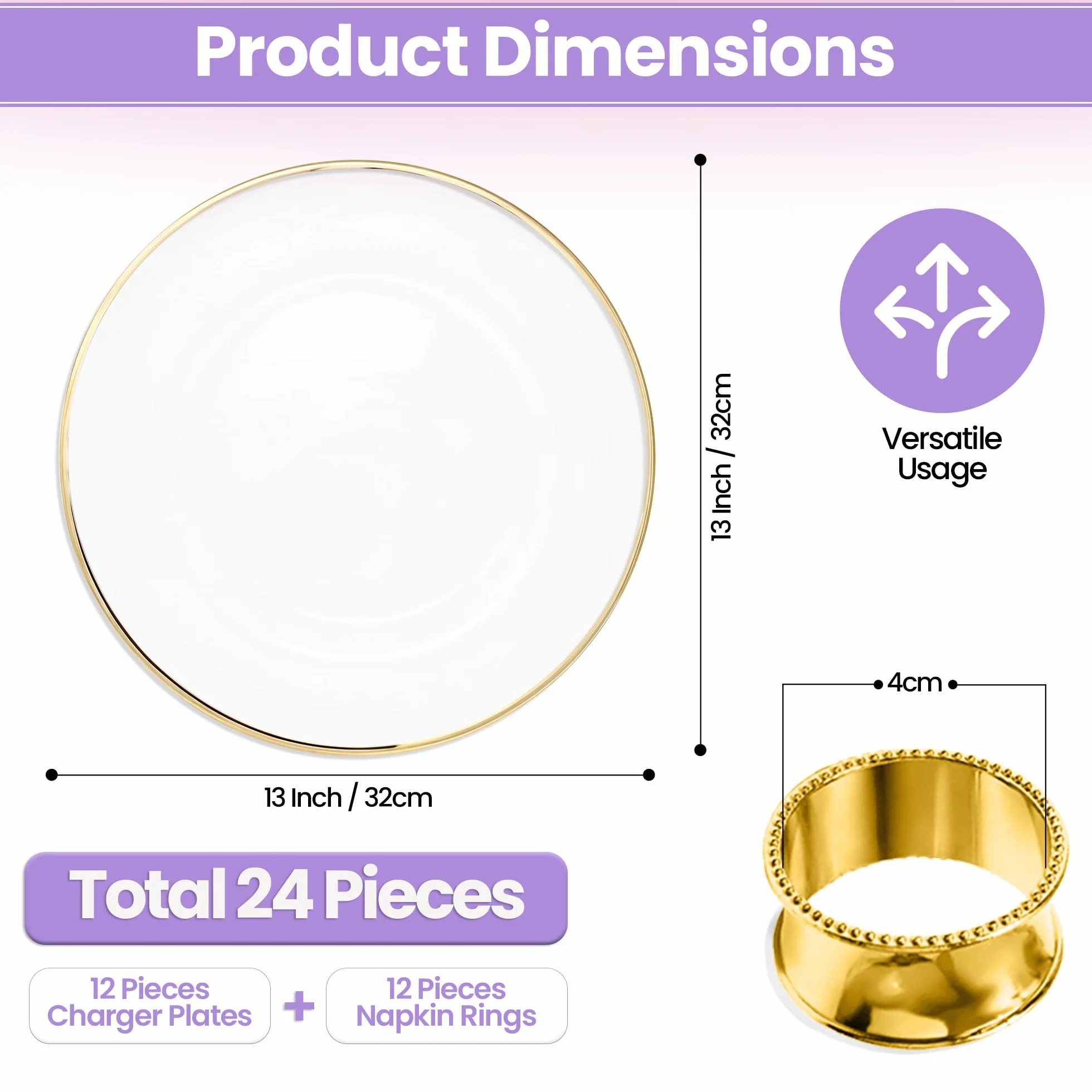 Juego de platos y servilleteros dorados – 50 elegantes platos de acrílico de 33 cm con borde dorado y 50 servilleteros martillados – Decoración de mesa de comedor para bodas, fiestas y eventos