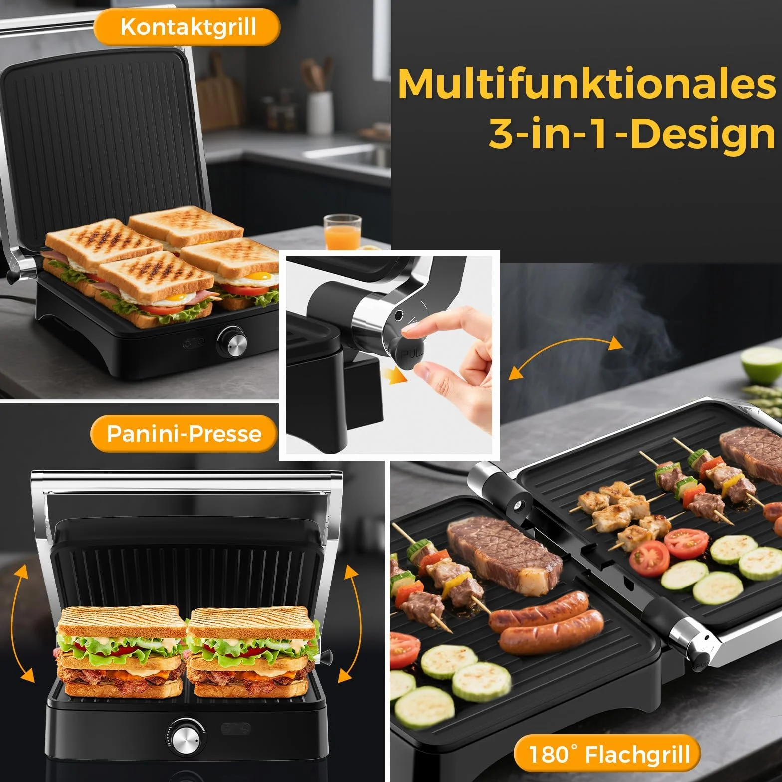 YASHE Parrilla de contacto, sándwich con regulador de temperatura, parrilla de mesa plegable de 180 grados, placa antiadherente, tapa de acero inoxidable, parrilla Panini para sándwich, carne y