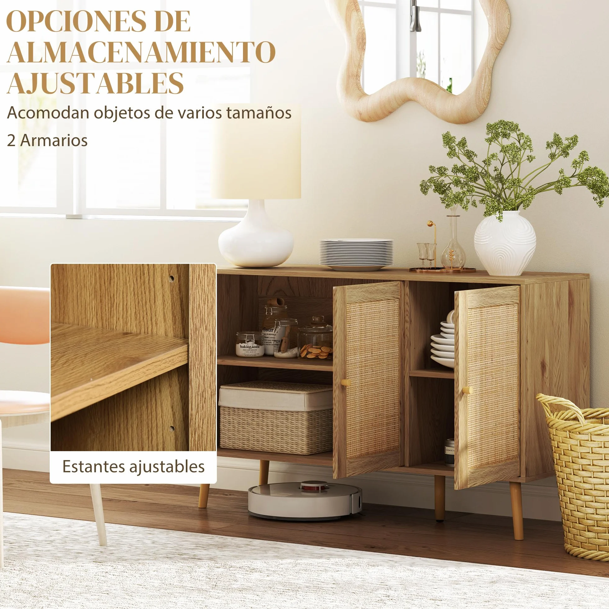 HOMCOM Aparador con 3 Puertas de Ratán, Estantes Ajustables, Madera Natural, 120x40x75 cm