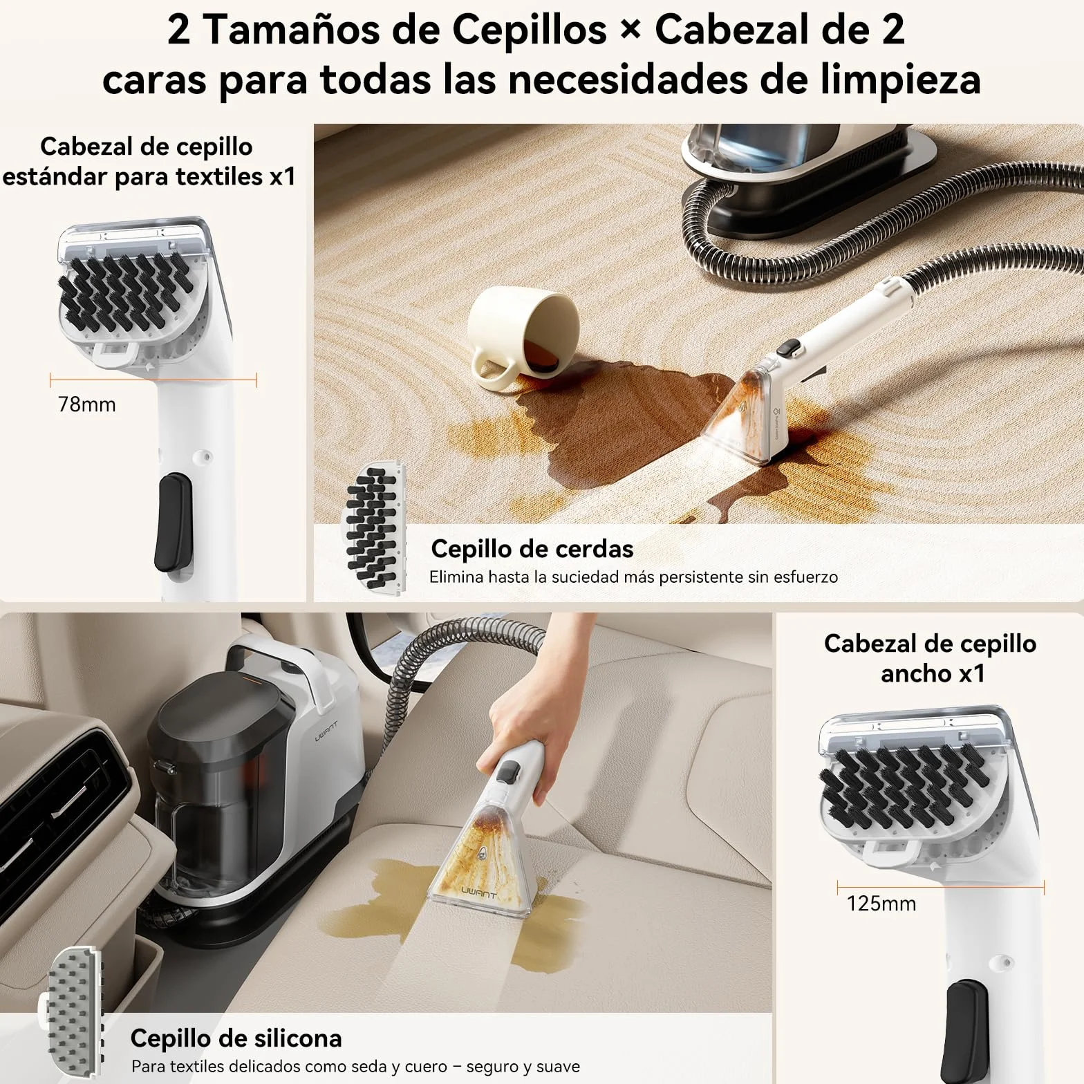 Uwant Aspiradora de Agua Tapiceria Lava y Aspira con Vapor Y100S 1750W 18KPa, 3 en 1 Frío/Agua Caliente 65℃/Vapor 100℃, Portátil, Cepillos mult. Limpia Sofá/Alfombras/Coche/Cocina, 2.4L Depósito