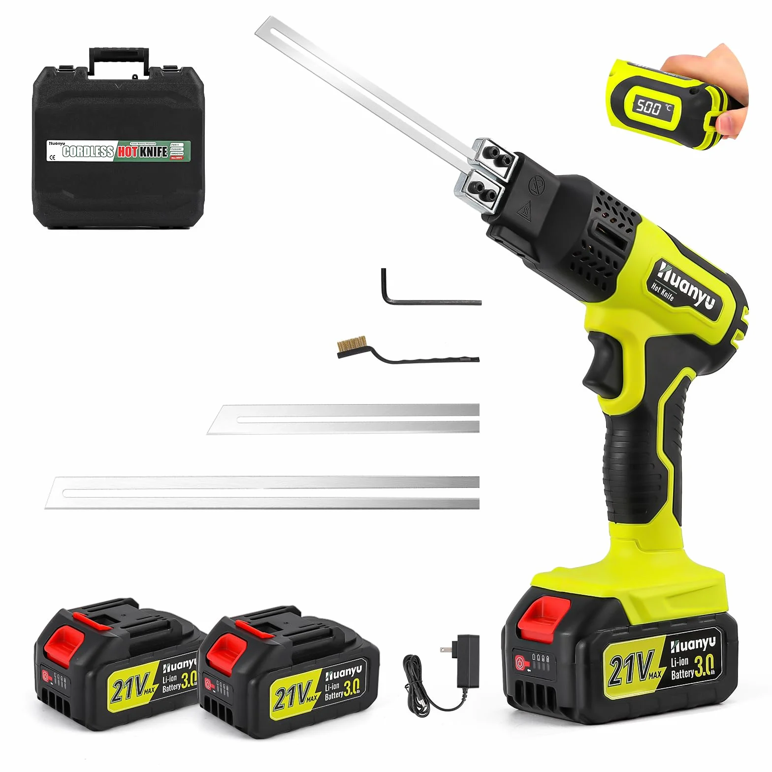 Huanyu Cuchillo Caliente Inalámbrico con 2 cuchillas, 10 cm y 15 cm, 100 W Cuchillo térmico eléctrico con indicador de temperatura de 500 ℃ máx, batería de 3,0 Ah
