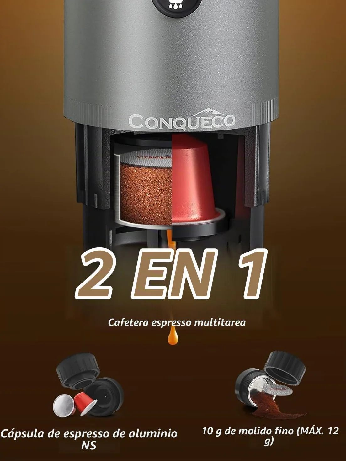 CONQUECO Máquina de café expreso portátil – Cafetera eléctrica de viaje con batería – para 12 V coche y camión y camping – Compatible con la cápsula Nespresso y la cápsula L'or