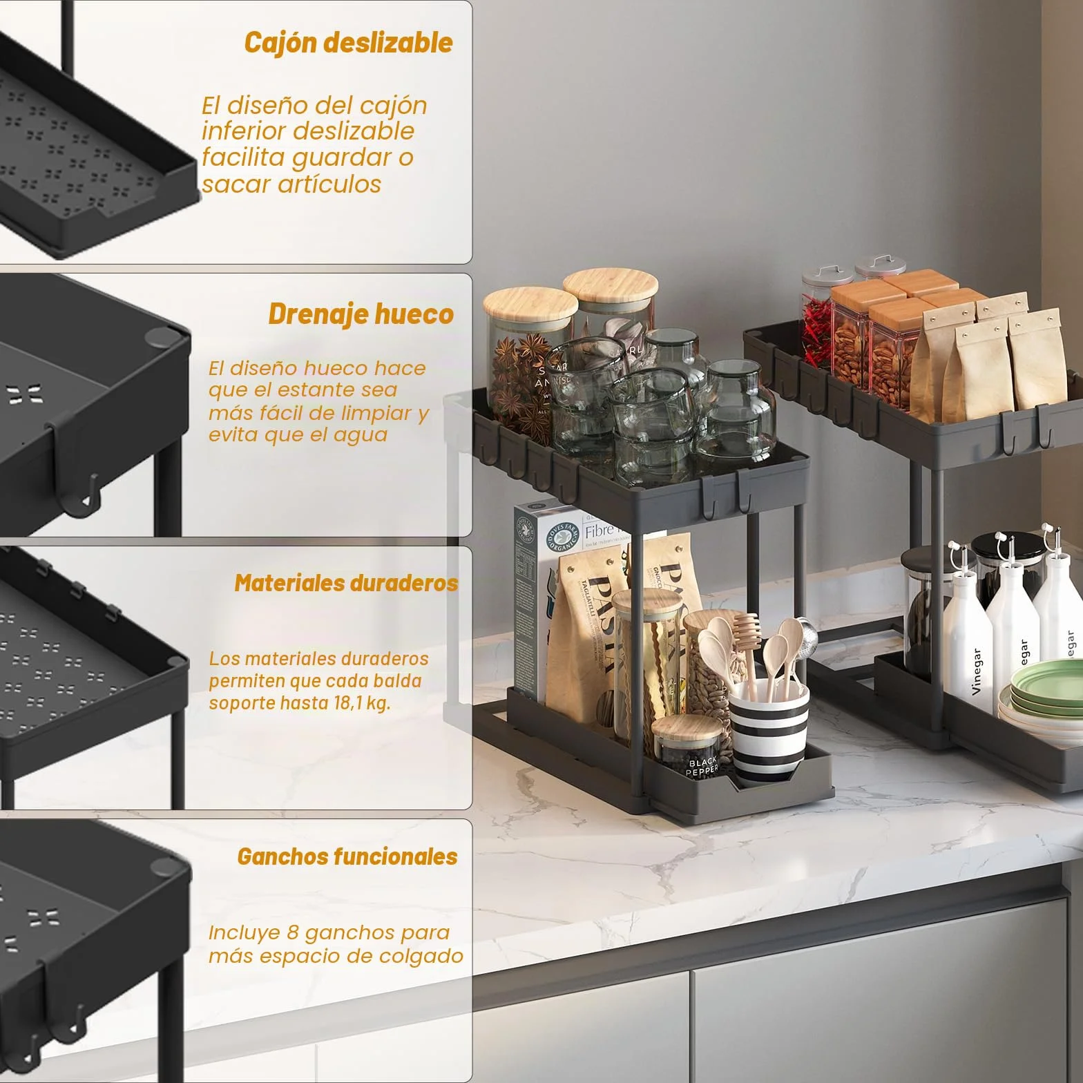 Organizador Cocina 2 Niveles para Debajo del Fregadero - Estante Almacenamiento Extraíble con 16 Ganchos, Negro