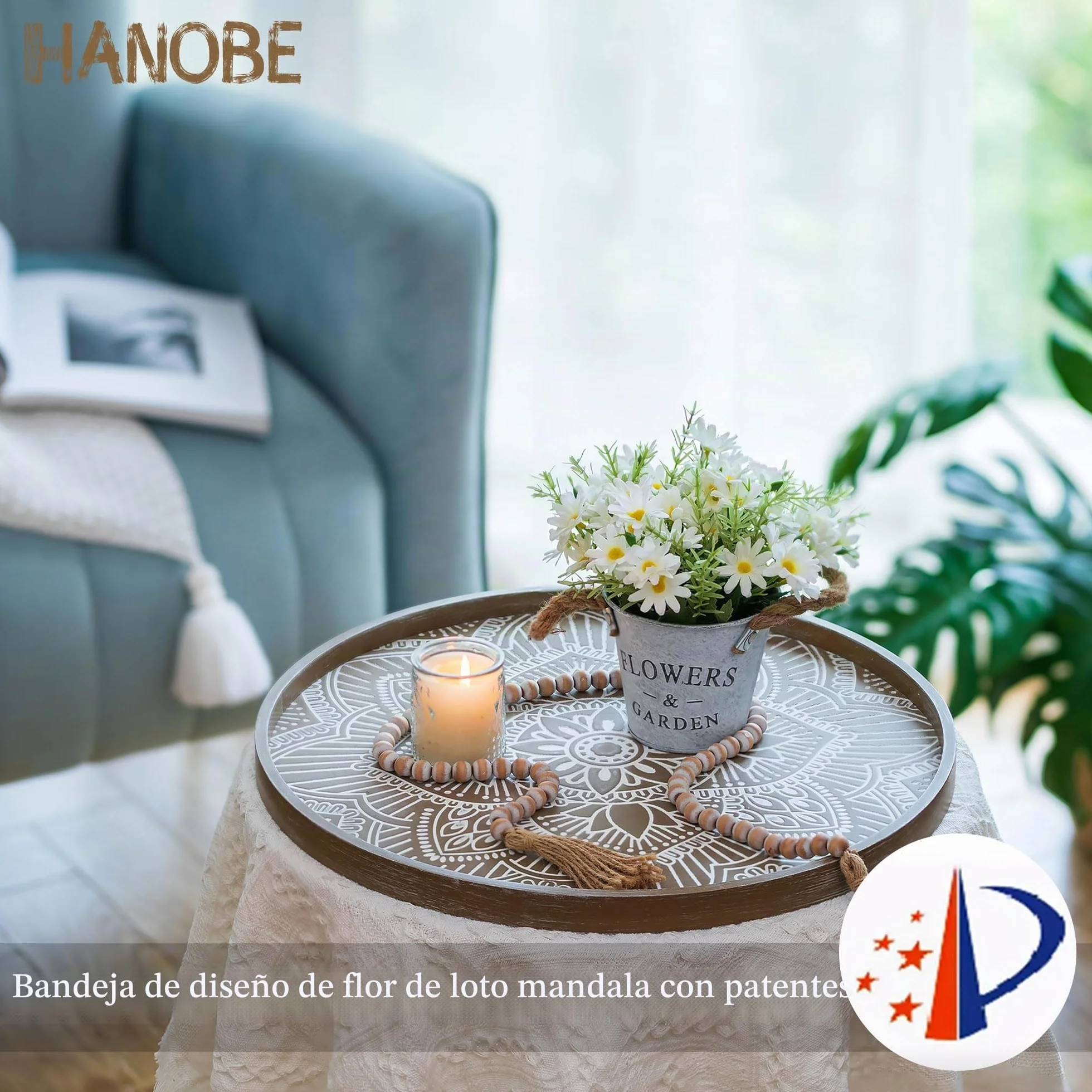 Hanobe Bandeja decorativa redonda grande de madera: Hanobe - Bandeja rústica para mesa de café, decoración de granja, centro de mesa marrón, bandeja redondeada para encimera de cocina, bandeja otomana