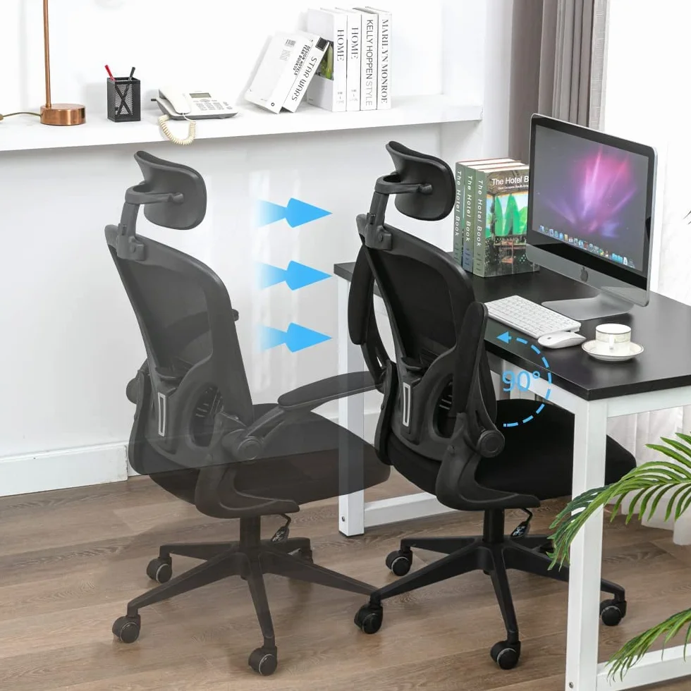 Silla de Oficina ergonómica, Silla de Oficina con reposabrazos Plegables, Silla de Oficina con Soporte Lumbar cómodo, Silla de Oficina rotativa (Negro)