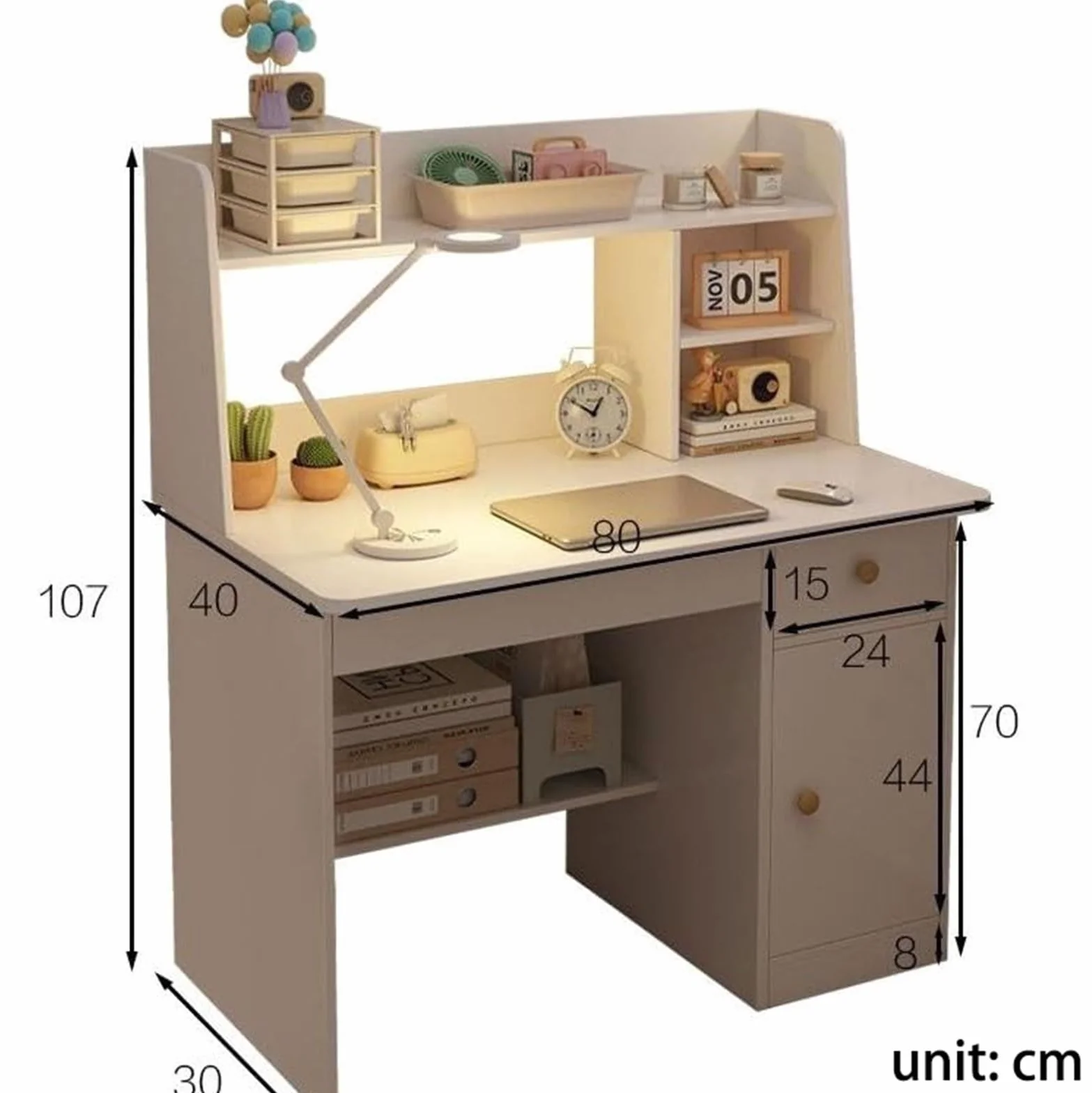Escritorio Infantil Rosa con Estantería y Cajón, Mesa de Estudio Compacta con Armario