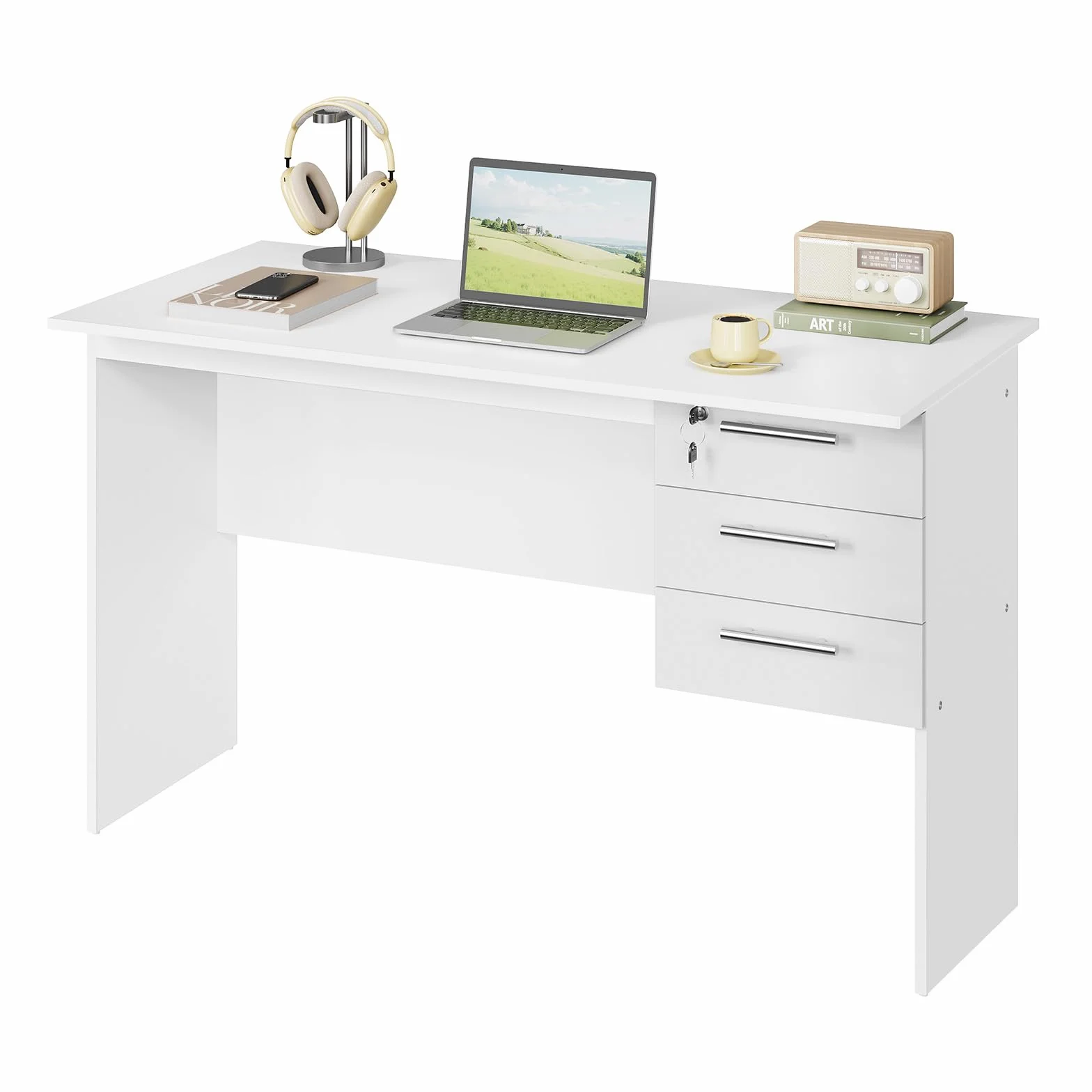 WOLTU Mesa de Ordenador, Escritorio de Trabajo con 3 Cajones, 120x60x75 cm, Mesa Escritorio para Oficina Dormitorio Despacho y Estudio, Blanco