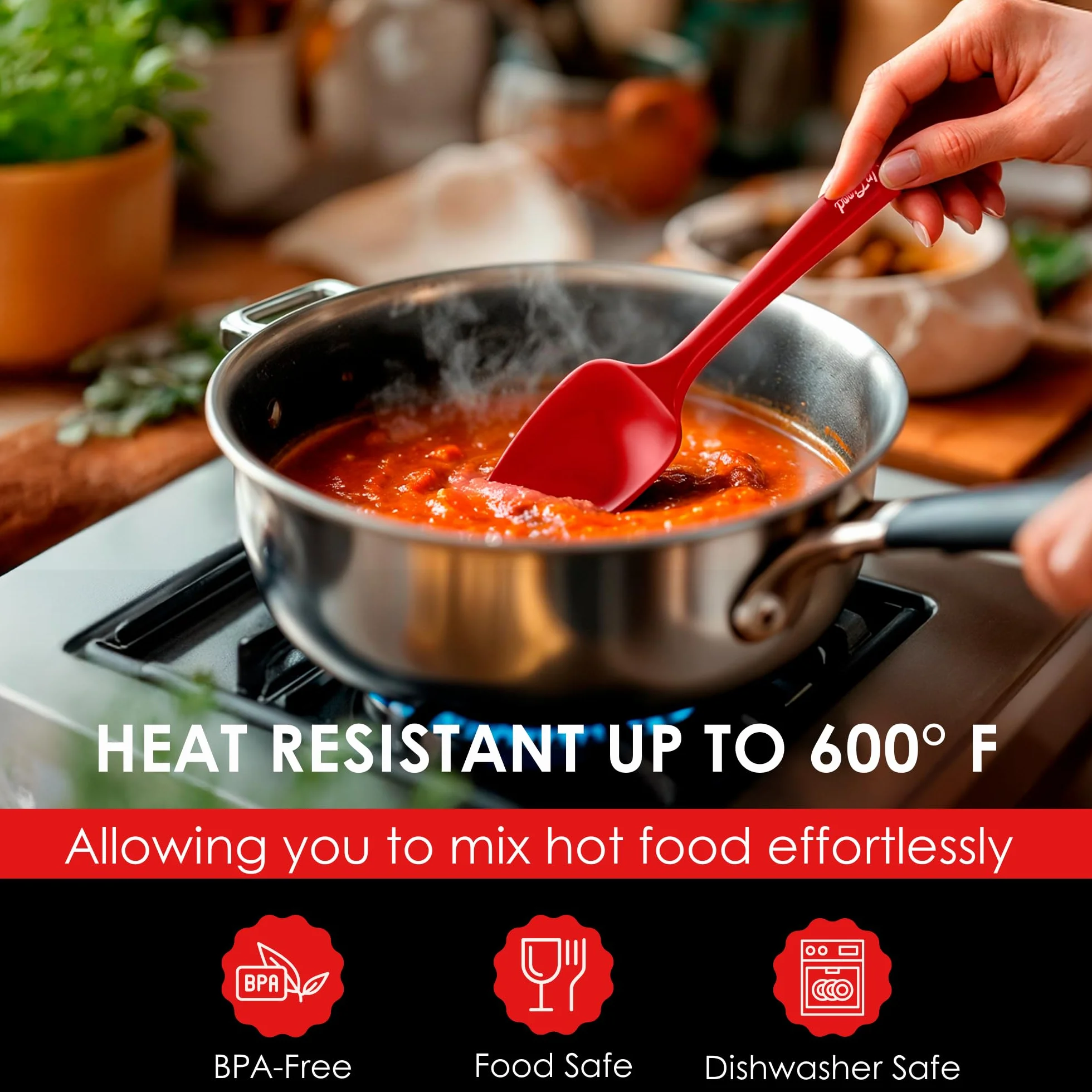 Espátula de cuchara de silicona - 600ºF Cuchara de goma antiadherente resistente al calor | Uso como utensilio de raspador de cocina de silicona - Hornear y cocinar Núcleo de acero inoxidable fuerte |