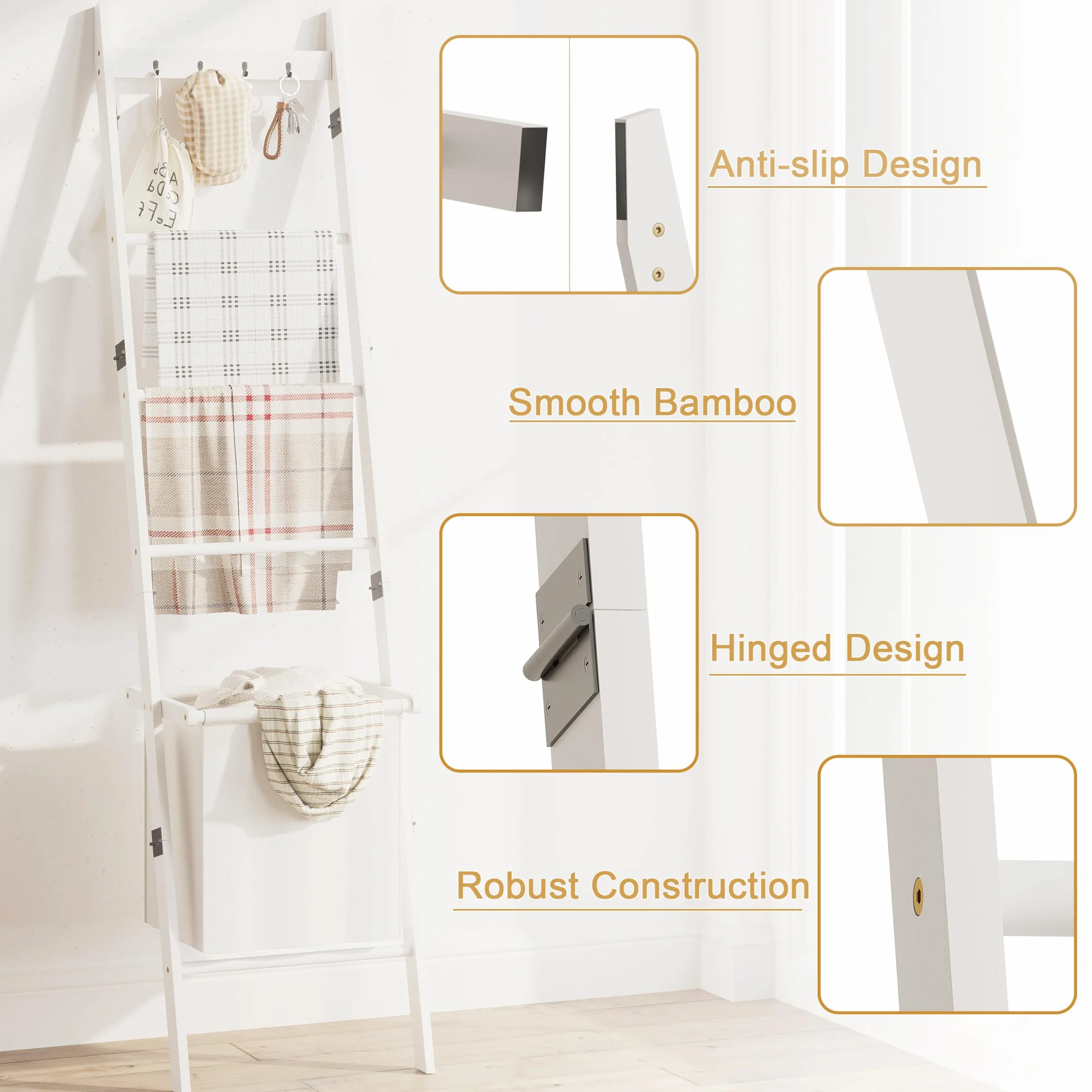 BAMBANG Escalera de manta con cesta, soporte para edredón de 5 niveles, toallero con 4 ganchos para sala de estar, estante decorativo inclinado de pared con cesta de almacenamiento, color blanco bambú