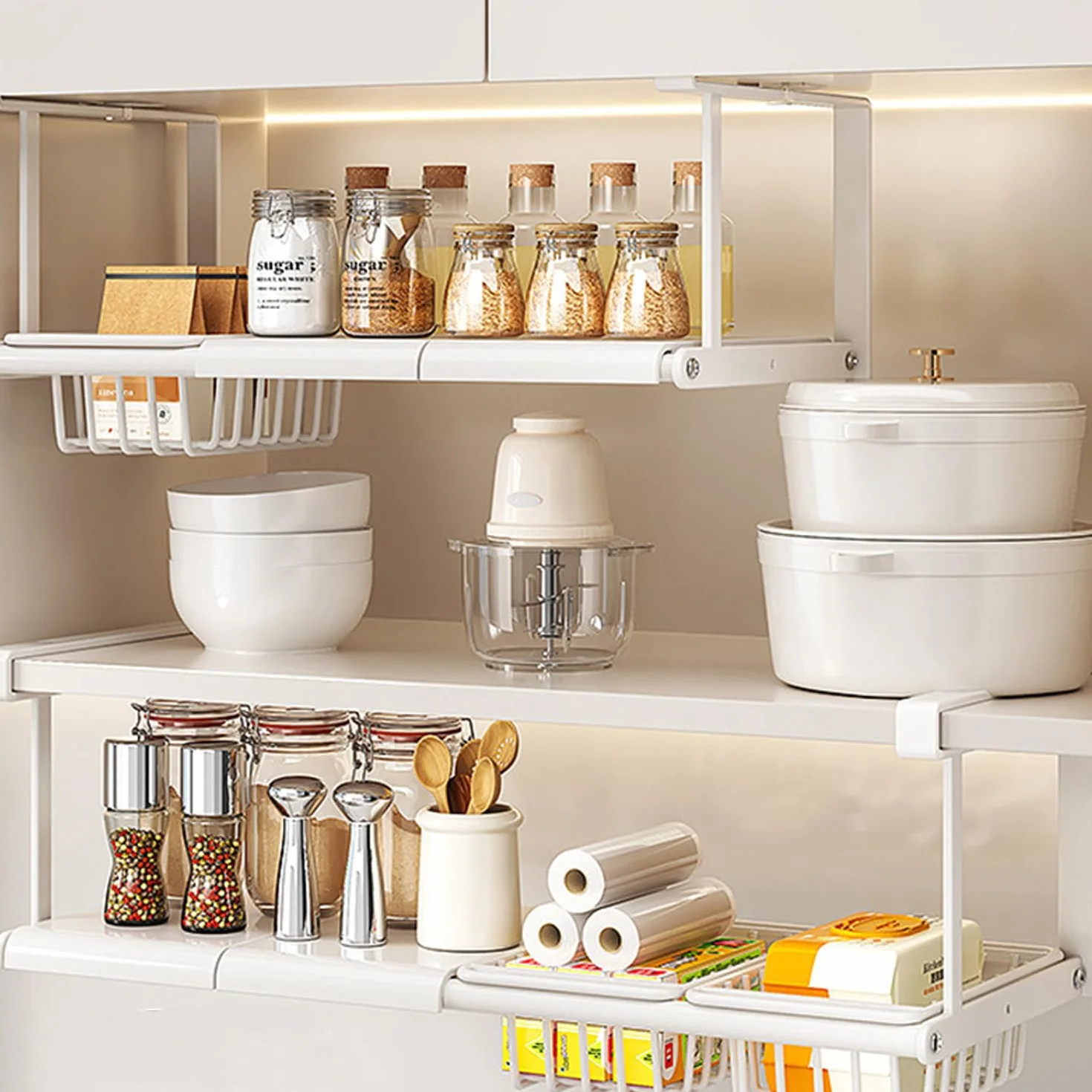 Cesta de almacenamiento para colgar debajo del estante, organizador deslizante ajustable para lavandería, cocina, despensa, escritorio, estantería