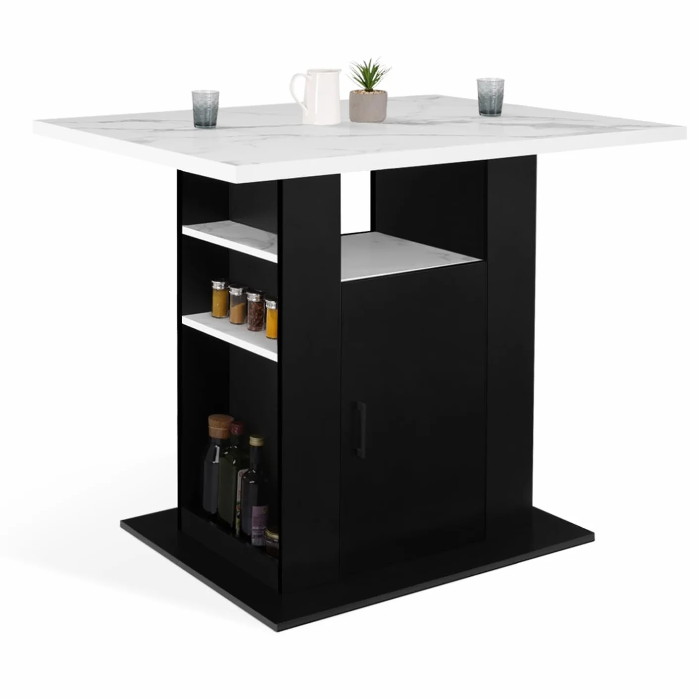 IDMarket – Ilot Central UGO 110 cm efecto mármol y negro Alaska con almacenamiento