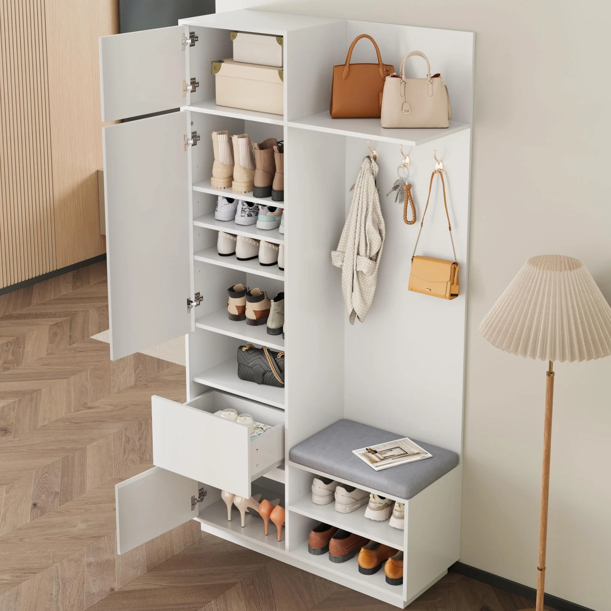Perchero compacto con espejo, banco y zapatero, perchero de pasillo con gancho y estante, juego de muebles de pasillo que ahorra espacio para pasillo y entrada, 90 x 34,5 x 190 cm (blanco)