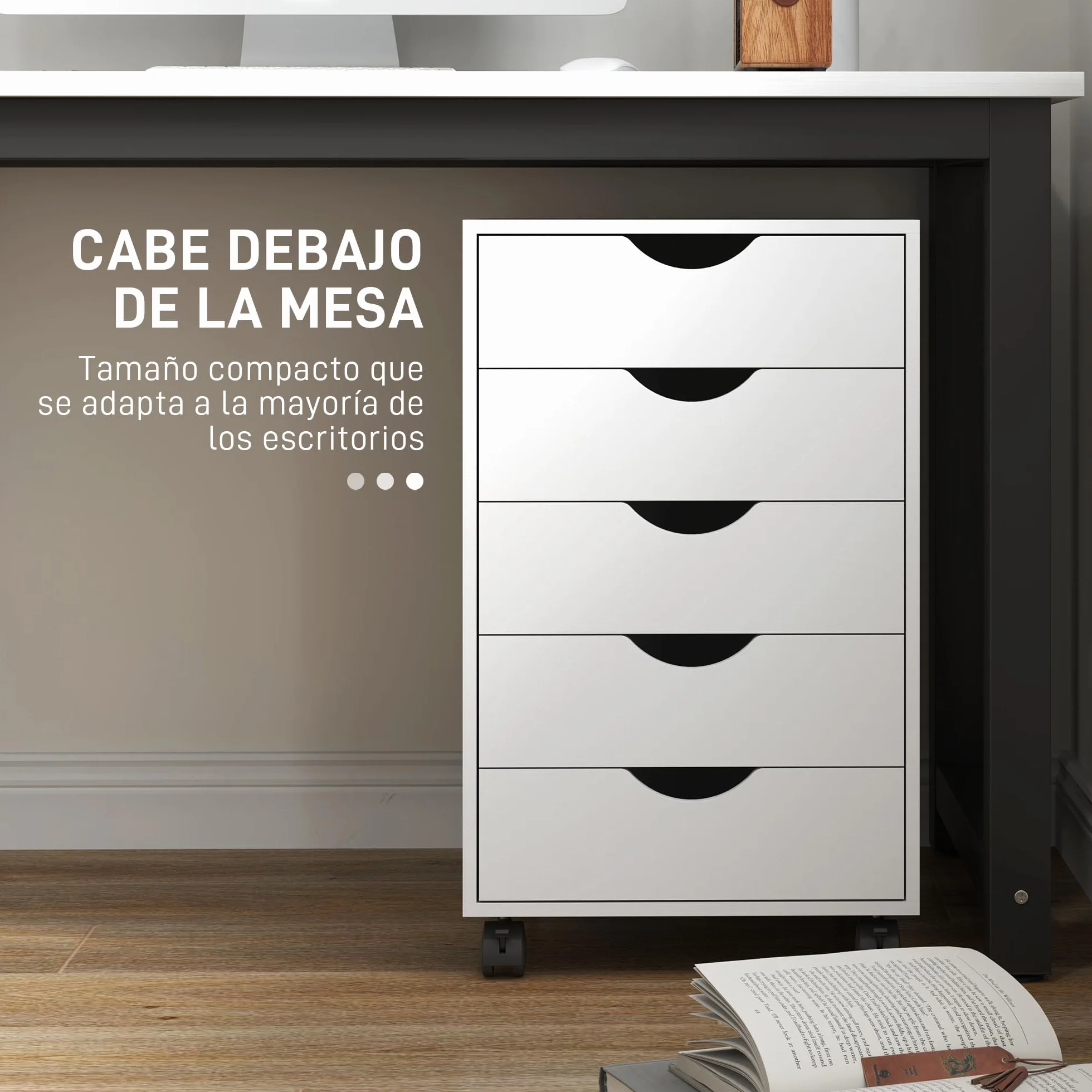 HOMCOM Cajonera Escritorio con Ruedas, Cajonera Oficina con 5 Cajones, Archivador Móvil, para Estudio, Salón, 40x40x67 cm, Blanco