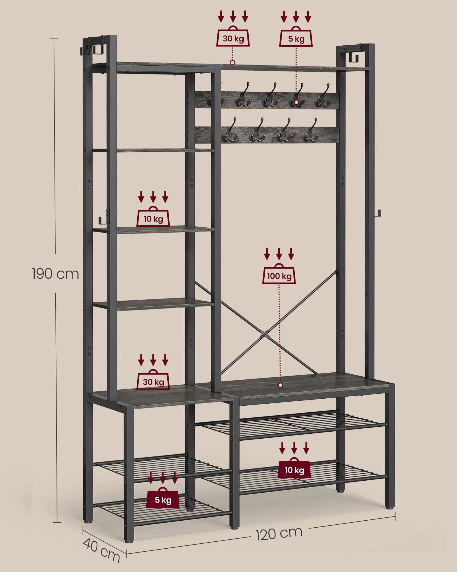 VASAGLE Perchero Recibidor con Banco Zapatero y 5 Estantes de Almacenaje, 9 Ganchos para Ropa y 6 Ganchos Laterales, 40 x 120 x 190 cm, Gris Piedra y Negro Tinta HSR426B04