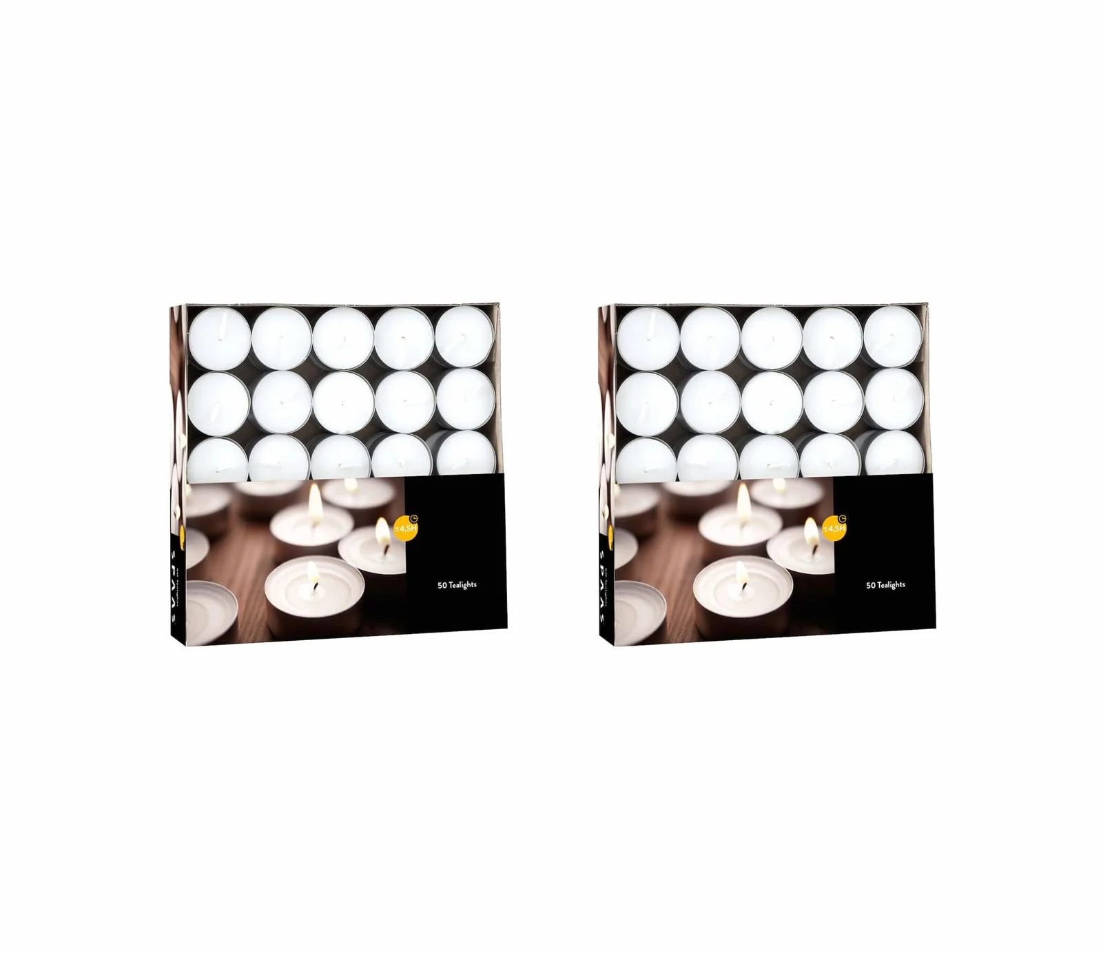 Velas de té (2 cajas de 50 unidades, 100 velas de té), tiempo de combustión: 4,5 horas, sin hollín, para portavelas, vasos de velas, lámparas aromáticas, candelabros y portavelas – Navidad,