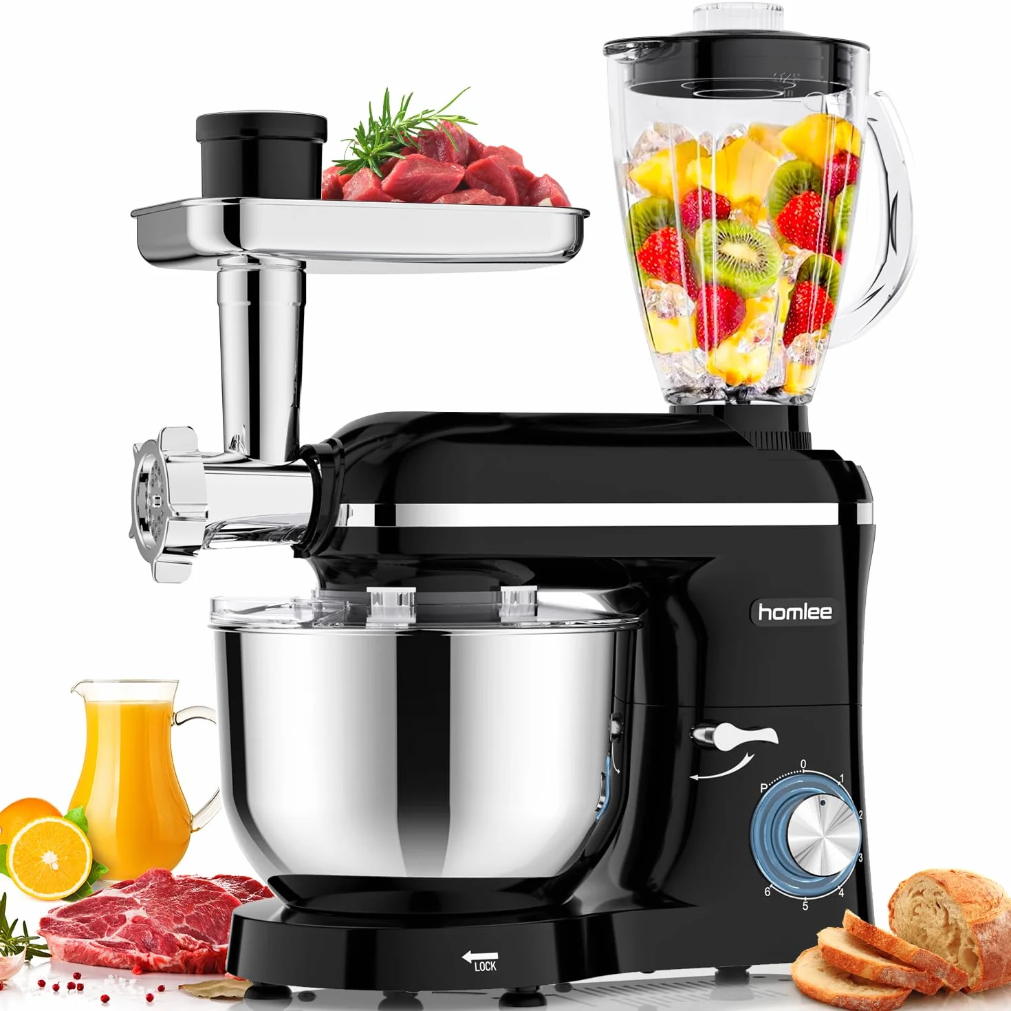 Homlee 3 In 1 Robot De Cocina con Picadora De Carne y Batidora,2000W Amasadora Multifunción, 5.5L Cuenco De Acero Inoxidable,1.5L Exprimidor De zumo, 6 Niveles De Velocidad