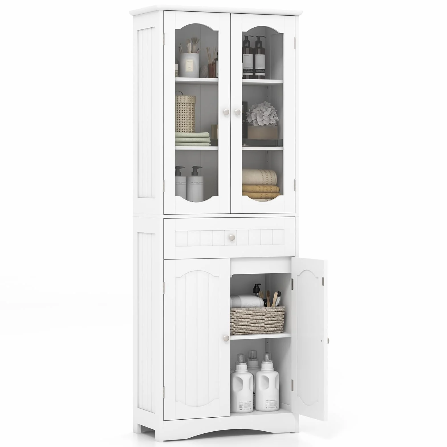 COSTWAY Armario Alto, Mueble Columna de Baño Independiente con 4 Puertas, Gabinete con 5 Estantes y 1 Cajón de Almacenamiento, Armario de Suelo para Cocina o Sala de Estar, Comedor, Oficina (Blanco)