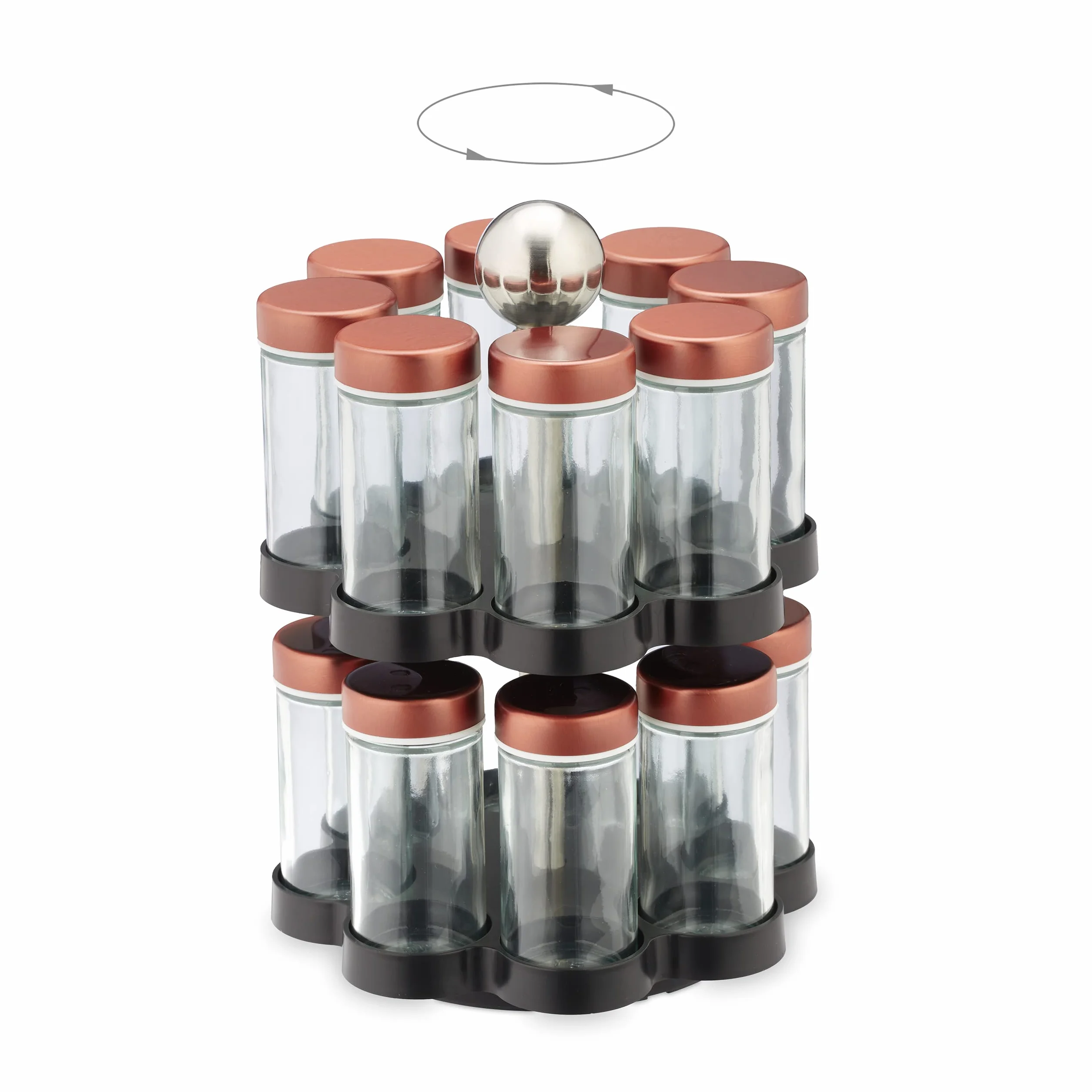 Relaxdays Especiero Giratorio, 16 Botes Especias con Dosificador, Giro 360º, Acero Inoxidable y Vidrio, 26x17 cm, Cobre