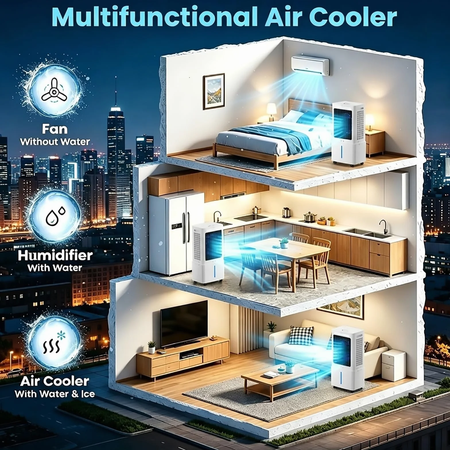 Aire Acondicionado Portátil sin Ventana, Enfriador de Aire 3 en 1 con Tanque de Agua de 6.6 Gal, Control Remoto, 3 Velocidades, Temporizador de 12 Horas, Bolsas de Hielo, para Hogar y Oficina