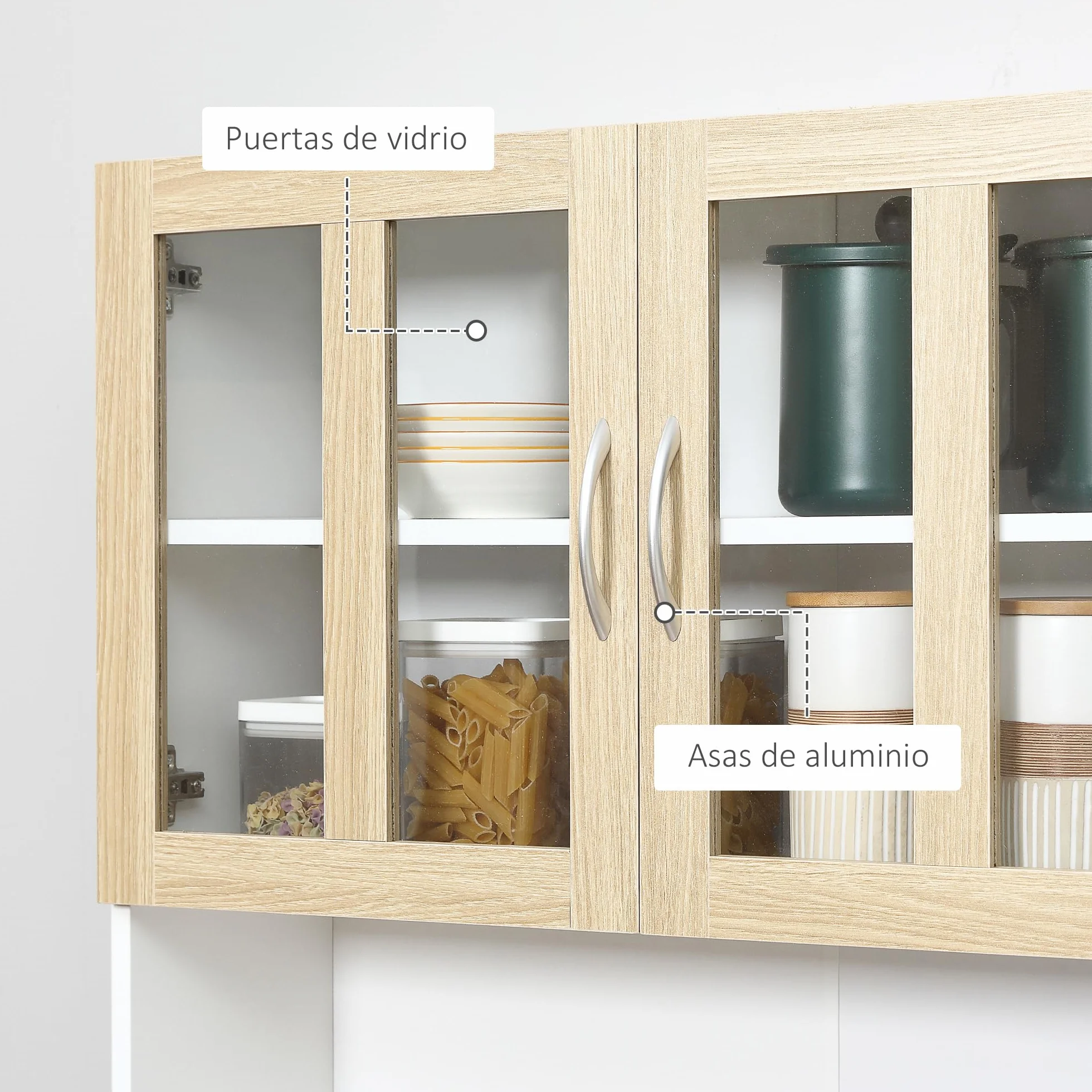HOMCOM Alacena de Cocina Alta, Mueble Auxiliar de Cocina, con 4 Puertas de Vidrio, Encimera Abierta para Microondas, Cajón, Estantes Ajustables, 80x40x180 cm, Blanco y Natural
