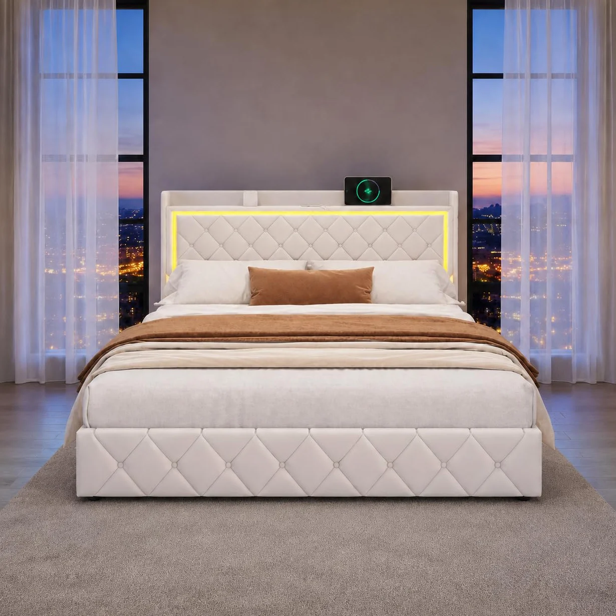 Cama Tapizada 140x190 con almacenaje,Cama Matrimoniales con 4 Cajones Cama Doble con Somier Cama Acolchada con USB y Luz LED Marco de Cama con Cabecero Cama Juvenil, Terciopelo Beige, Sin Colchón