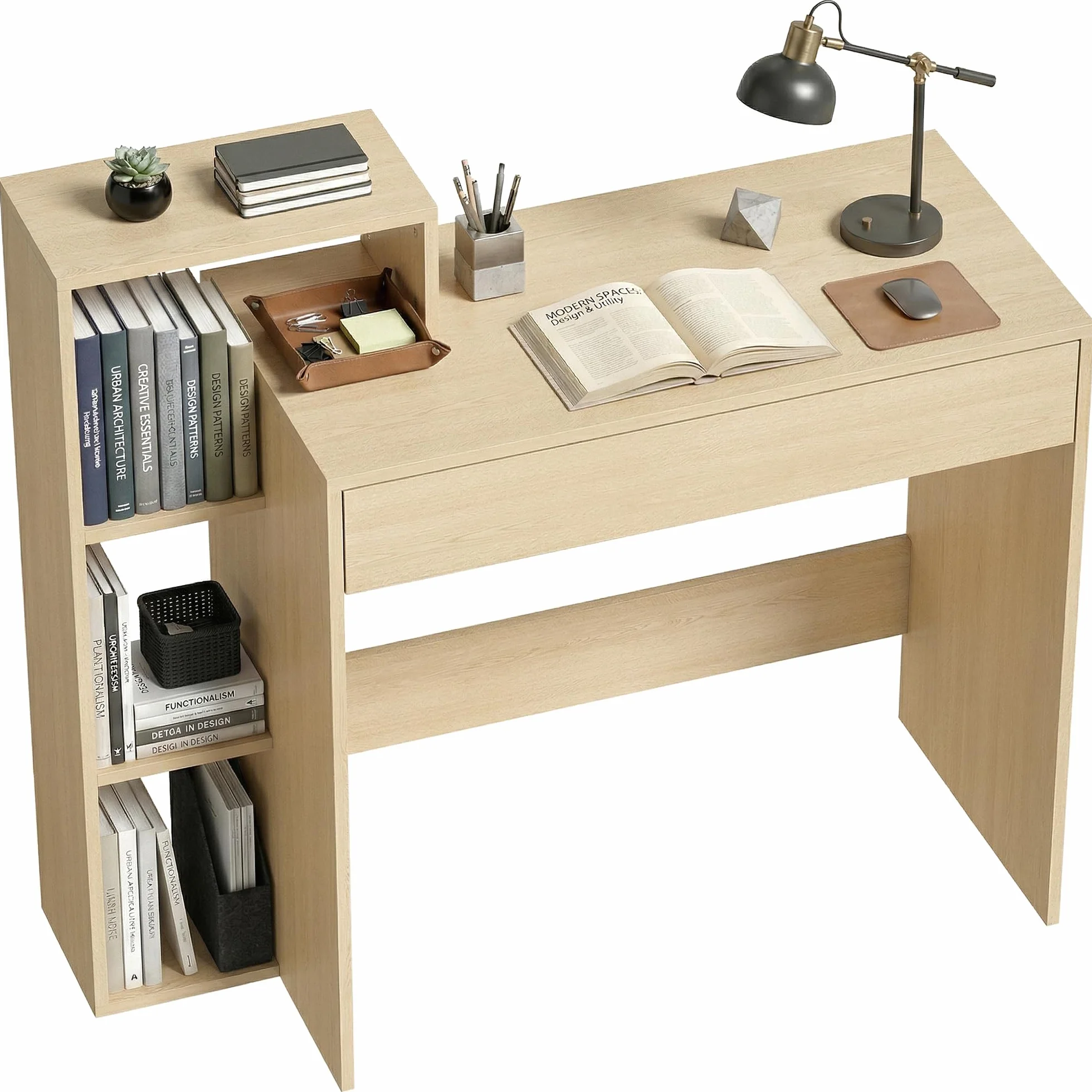 HOMCOM Escritorio PC con Almacenamiento, 100x40x90cm, Natural | con 3 estantes, cajón, estación de trabajo, Escritorio de computadora para teletrabajo, sala de estar