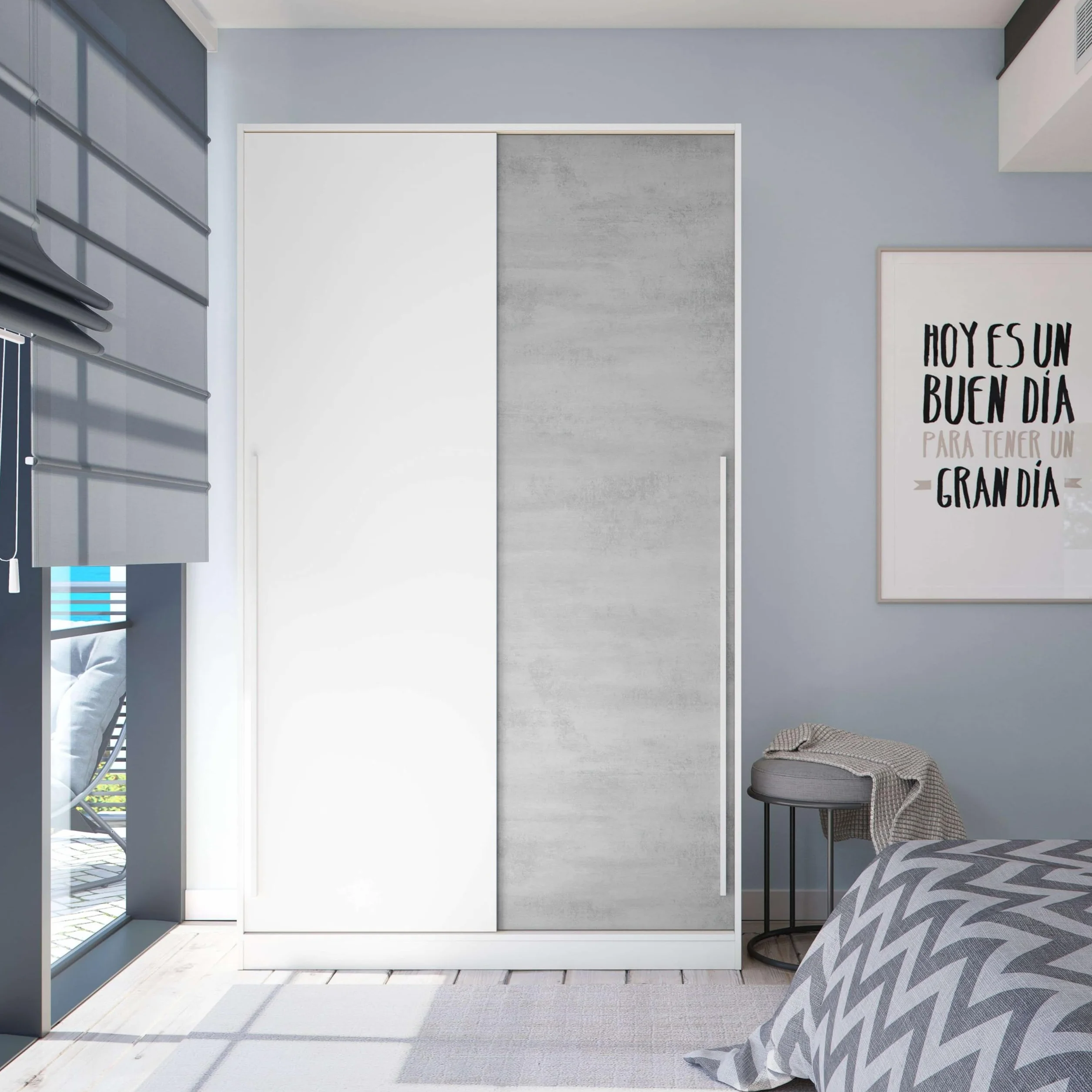 Habitdesign Armario 2 Puertas Correderas con Estantes y Barra, 200x120x50 (AltoxAnchoxFondo - en cm), Color Blanco Artik y Cemento, Modelo Indira