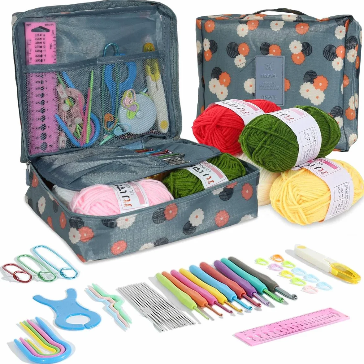 Samyuktha Kit de agujas de ganchillo de 107 piezas con bolsa de transporte, kit de agujas de ganchillo con herramientas y accesorios, kit completo de agujas de ganchillo para principiantes y