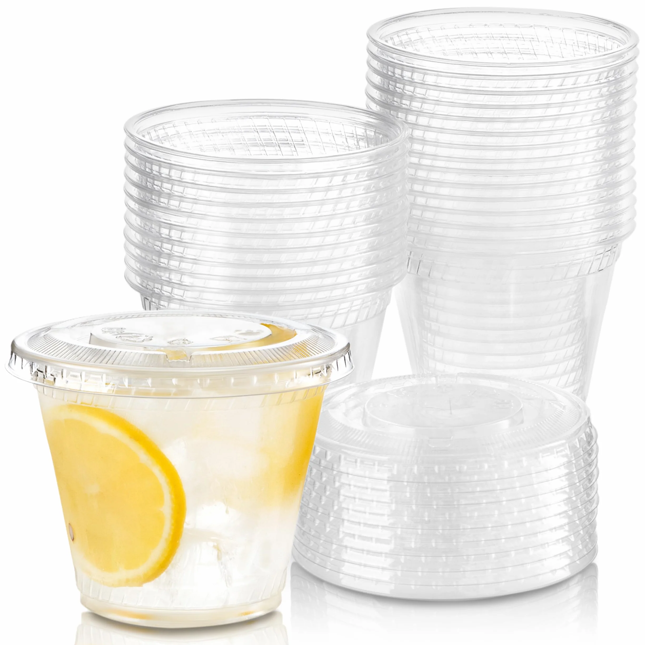 Fit Meal Prep Paquete de 50 vasos de plástico transparente de 9 onzas con tapas planas, tazas de café helado desechables, sin BPA, taza de batido de cristal premium para fiestas, soporte de limonada
