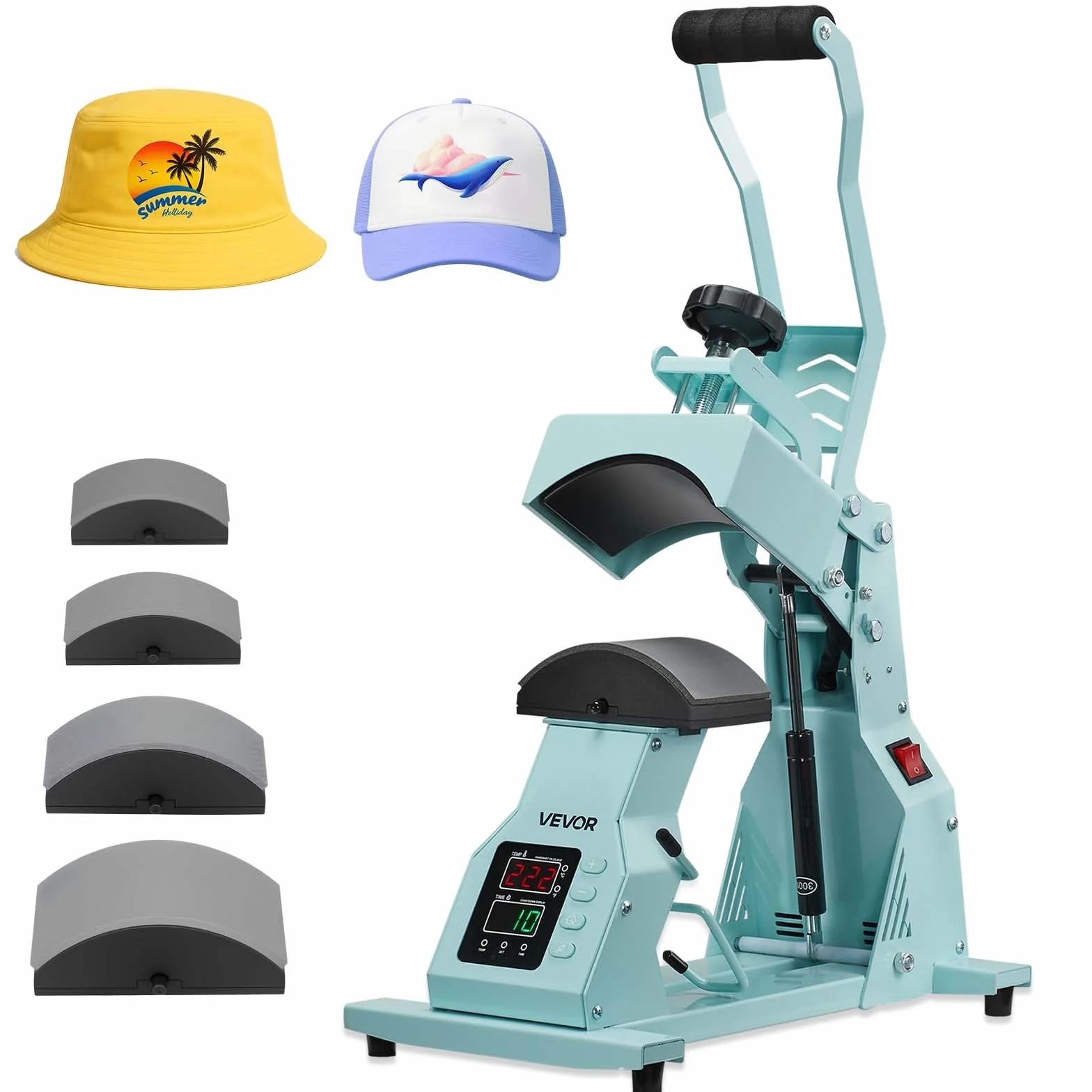 VEVOR Máquina de Prensado Térmico, Prensa de Transferencia Térmica con 4 Platinas Intercambiables, Control Preciso de Tiempo y Temperatura, Máquina de Sublimación HTV para Gorras, Diademas, Verde