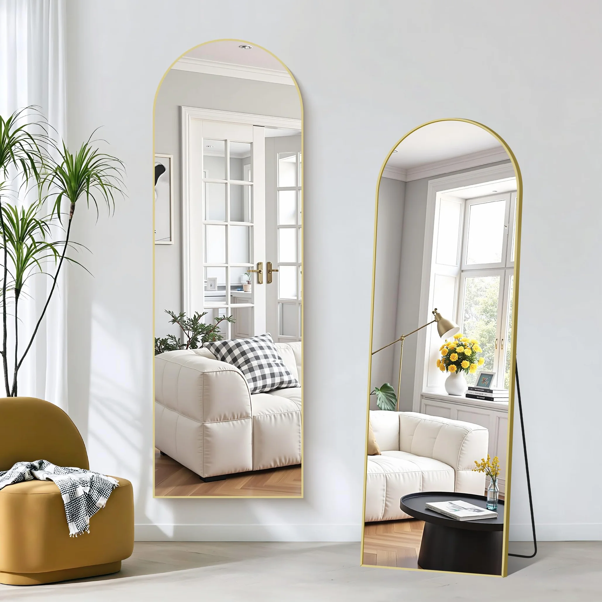 COFENY Espejo de Pie Cuerpo Entero Curvado, Espejos Grandes de Pared con Marco de Aluminio 161 x 52 cm, Espejo de Pie Inclinado o Colgante para Salón, Dormitorio, Entrada, Dorado